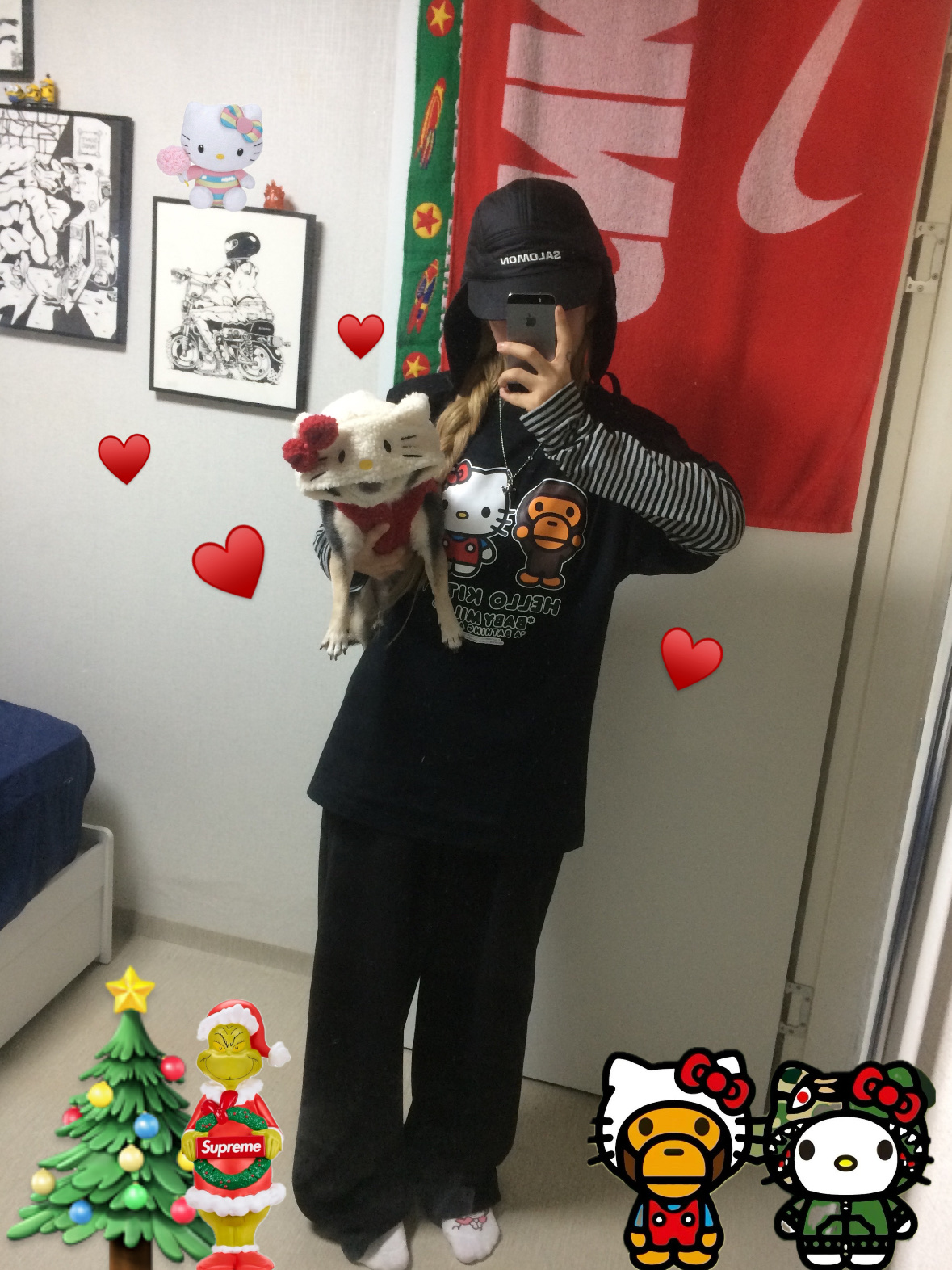 Salomon Thermo Trapper Hat Black, BAPE Baby Milo x Hello Kitty T-Shirt Black - Ginza Store Exclusive 착용 스타일