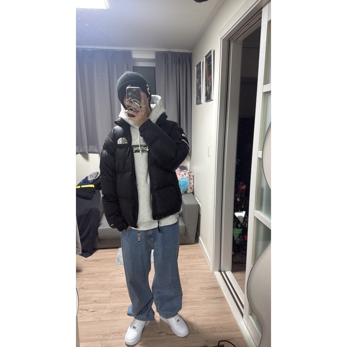 Supreme Box Logo Hooded Sweatshirt Ash Grey - 23FW, Supreme x The North Face Nuptse Jacket Black - 24FW 착용 스타일