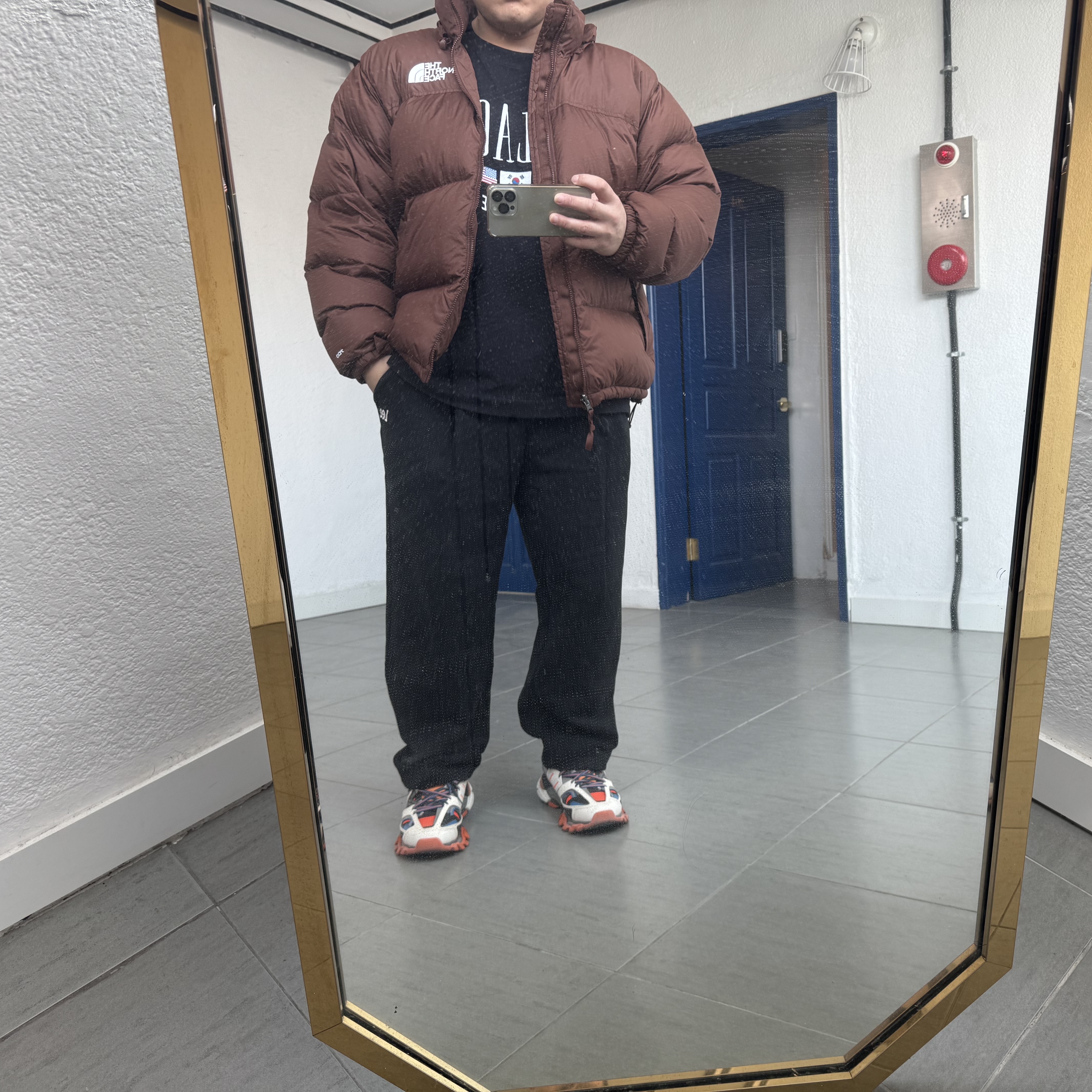 The North Face 1996 Retro Nuptse Jacket Dark Oak, Palace x Gap Heavy Jersey T-Shirt Black - 24SS 착용 스타일