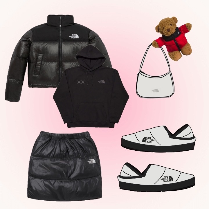The North Face x Kaws Hoodie Black - 22FW, (W) The North Face White Label Nuptse Down Skirt Black 착용 스타일