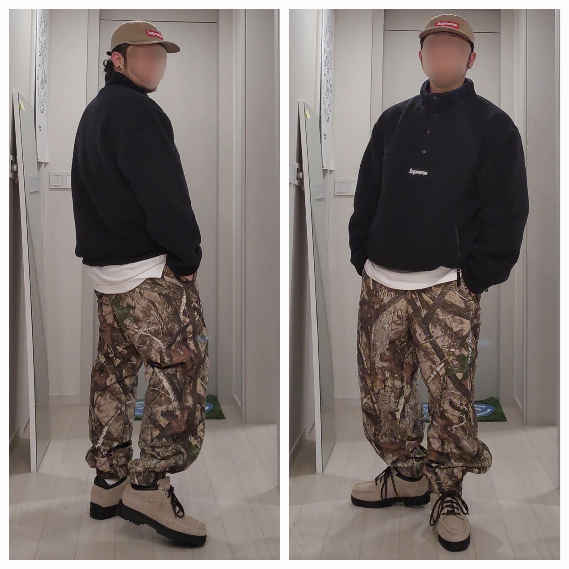Supreme Warm Up Pant TrueTimber HTC Fall Camo - 24FW, Supreme Polartec Shearling Reversible Pullover Black - 24FW 착용 스타일 - 3