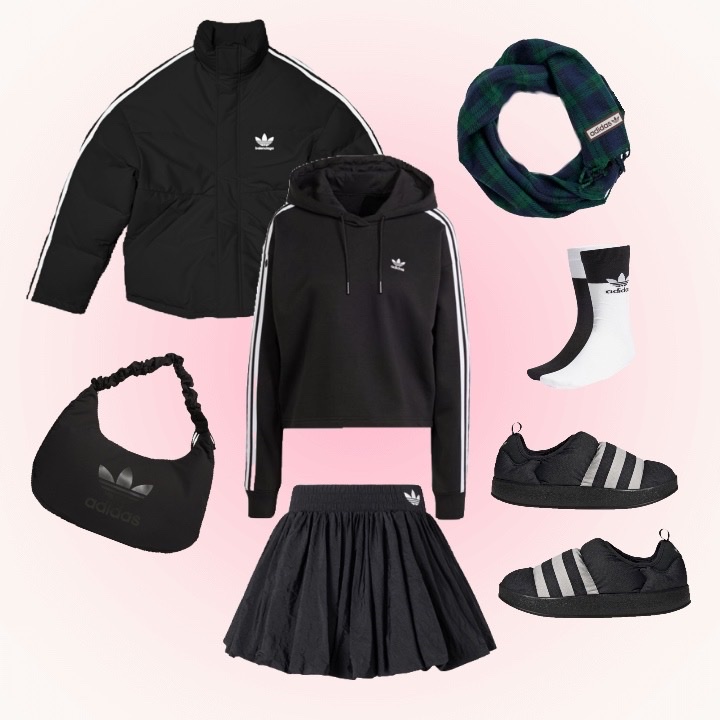 Adidas Originals Cloud Shoulder Bag XLarge Black, Adidas Originals Tartan Scarf Night Indigo Collegiate Green 착용 스타일