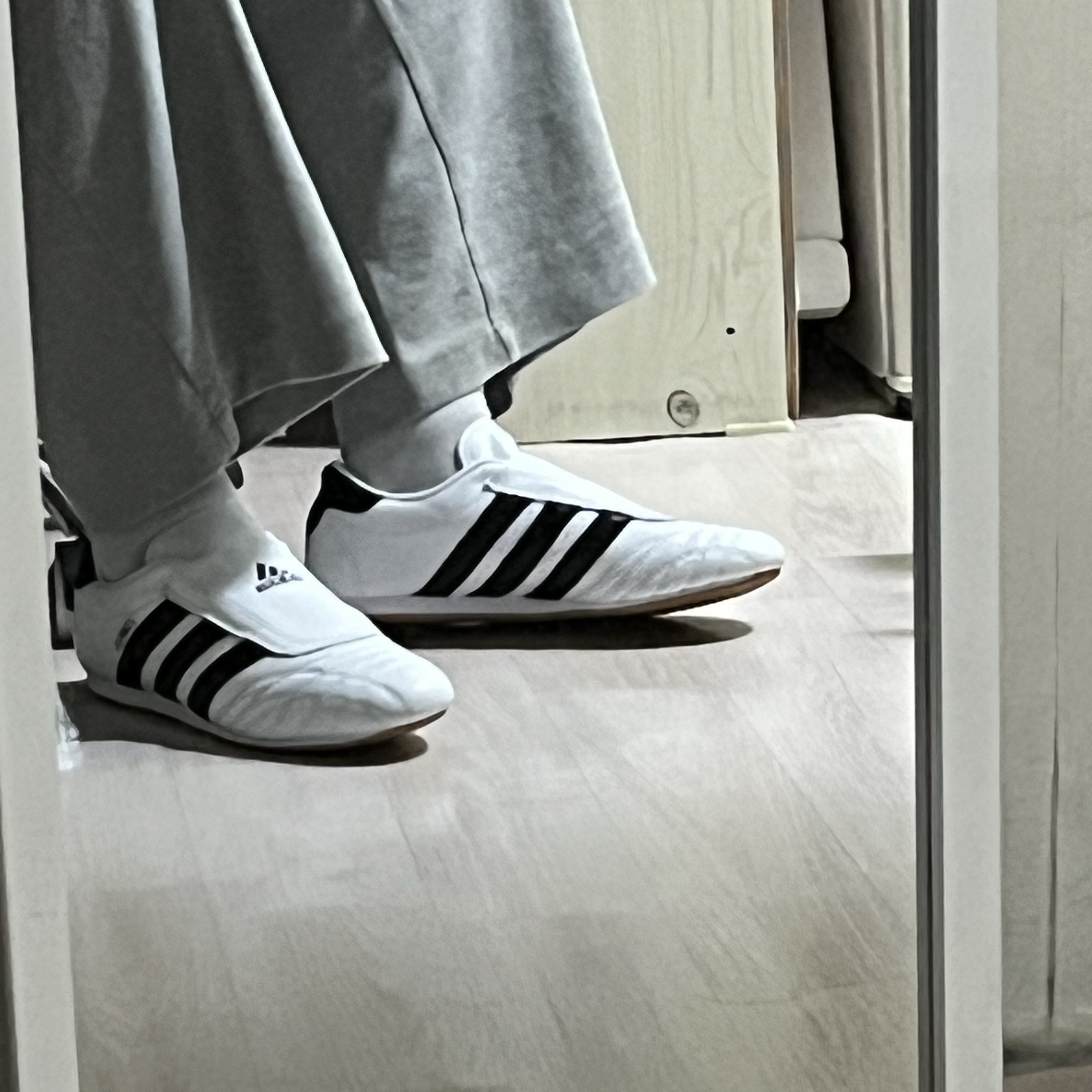 (W) Adidas Taekwondo Cloud White Core Black 착용 스타일 - 1