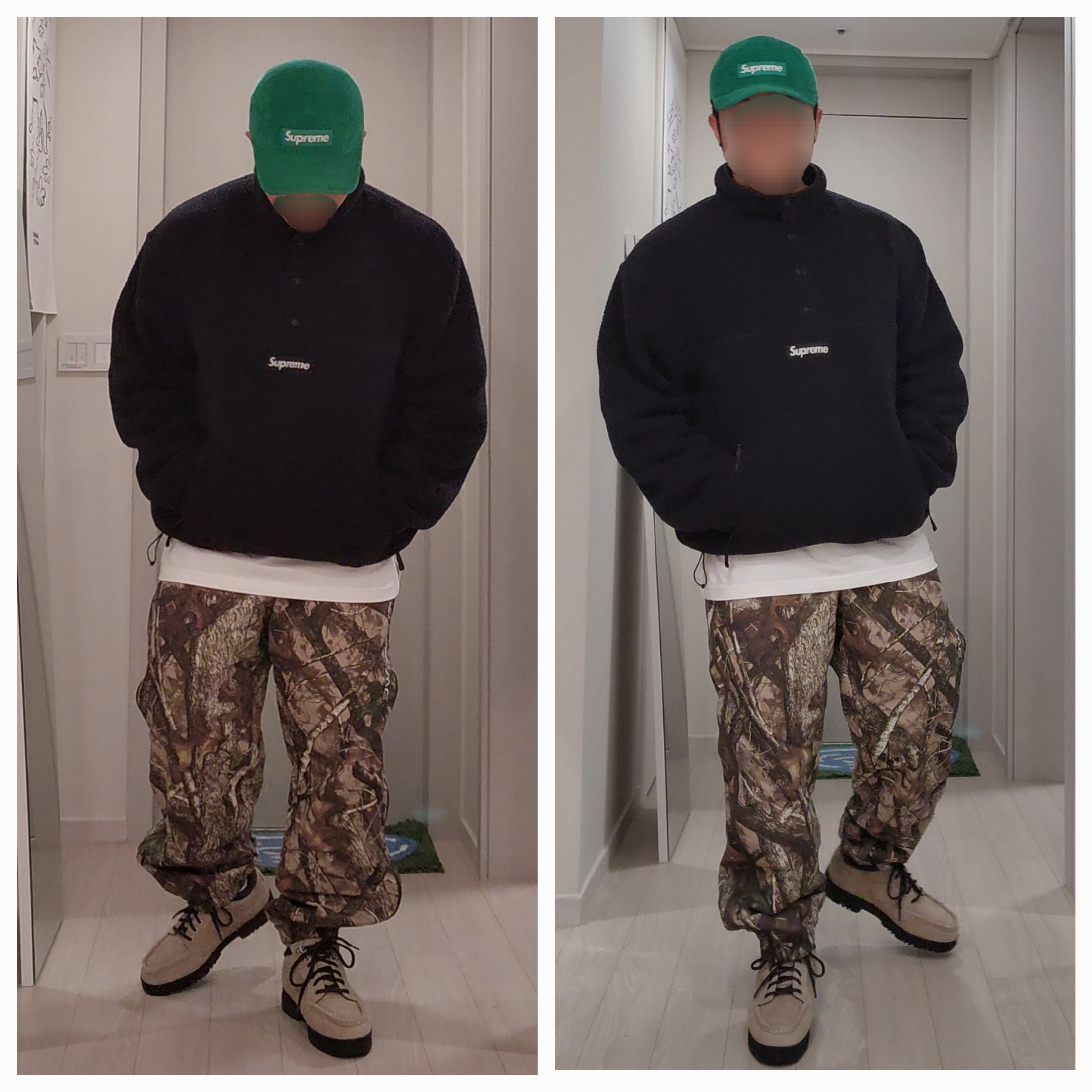 Supreme Warm Up Pant TrueTimber HTC Fall Camo - 24FW, Supreme Polartec Shearling Reversible Pullover Black - 24FW 착용 스타일 - 2