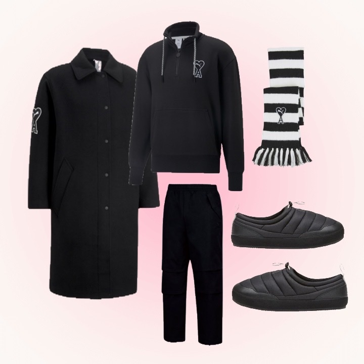 Puma x AMI Coat Puma Black, Puma x AMI Half-Zip Sweatshirt Puma Black 착용 스타일