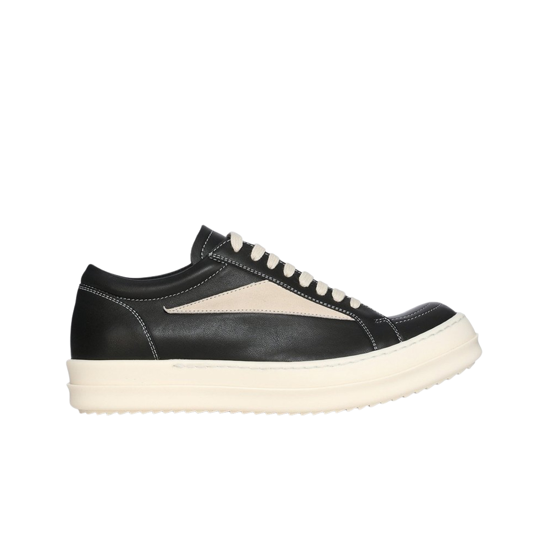 릭 오웬스 빈티지 스니커즈 풀 그레인 카프 레더 벨루어 스웨이드 블랙 밀크 밀크(Rick Owens Vintage Sneakers in Full Grain Calf Leather And Velour Suede Black Milk Milk)