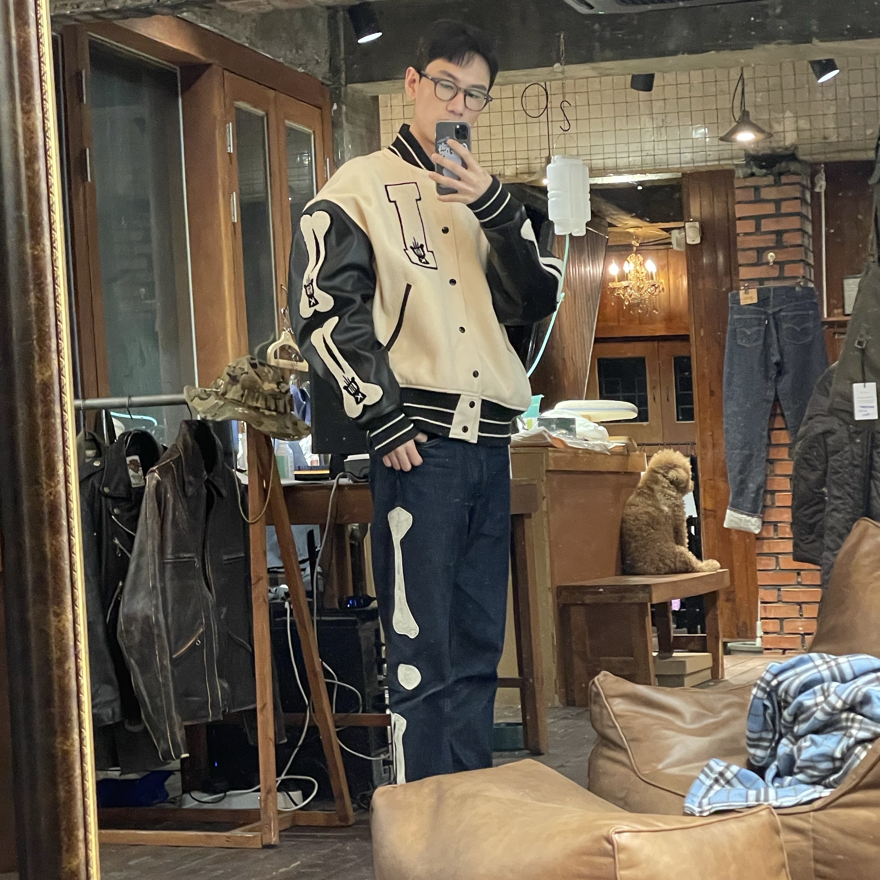 Kapital 40s Wool I-Five Varsity Jacket Kinari 착용 스타일
