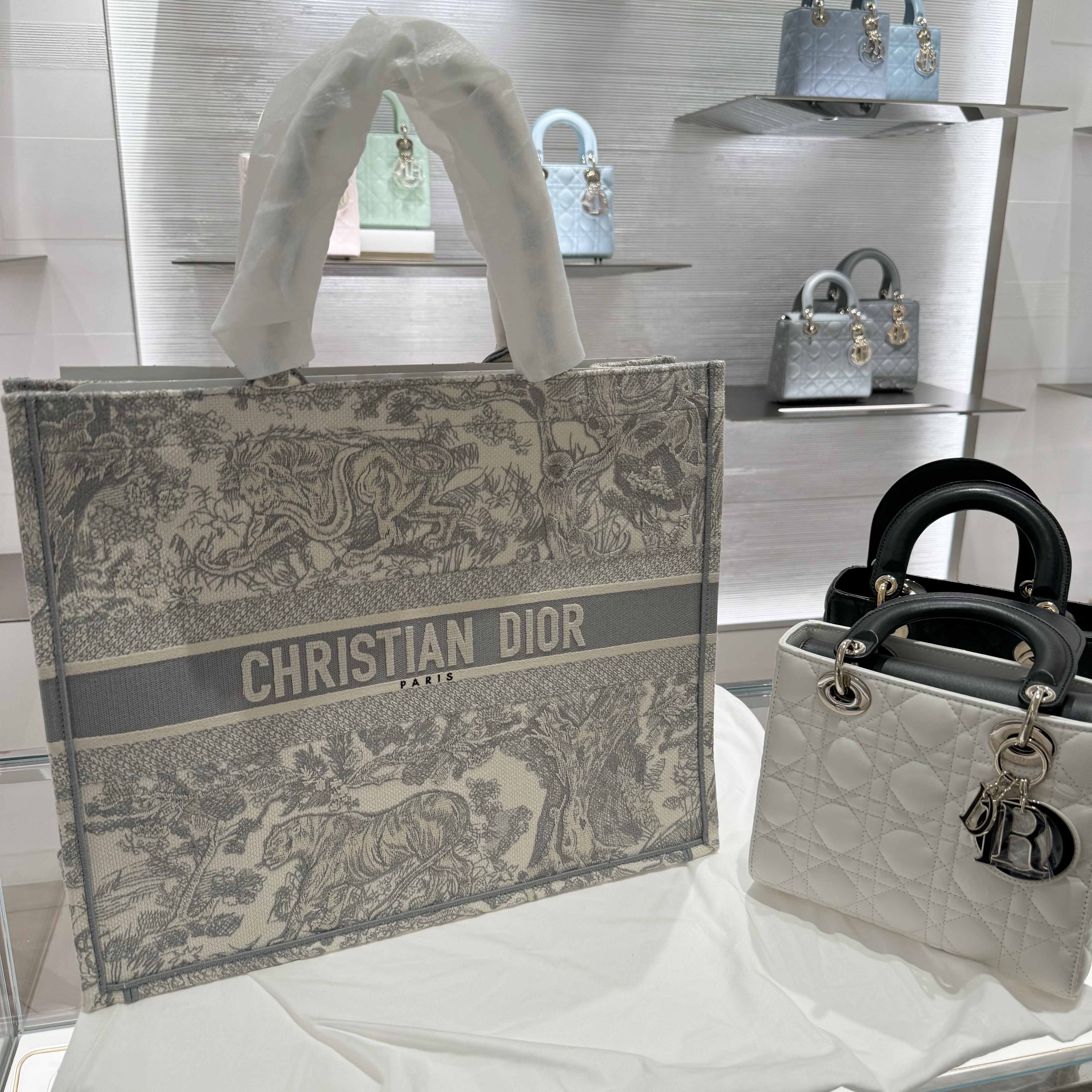 Dior Medium Book Tote Gray Toile de Jouy Embroidery 착용 스타일 - 1