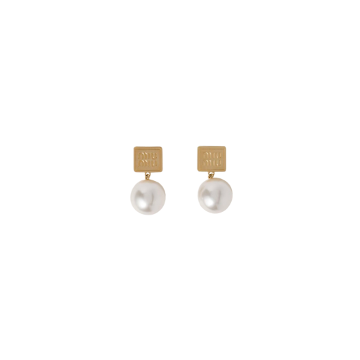 (W) Miu Miu Metal Artificial Pearls Earrings Gold Cream