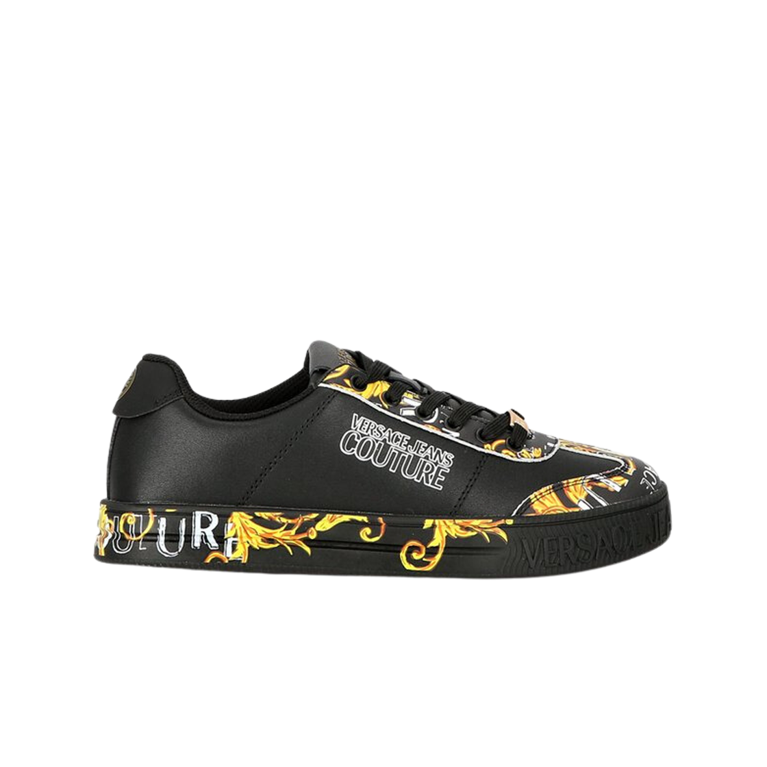 베르사체 진 꾸뛰르 코트 88 바로코 프린트 로우 탑 스니커즈 블랙 골드(Versace Jeans Couture Court 88 Barocco Print Low Top Sneakers Black Gold)
