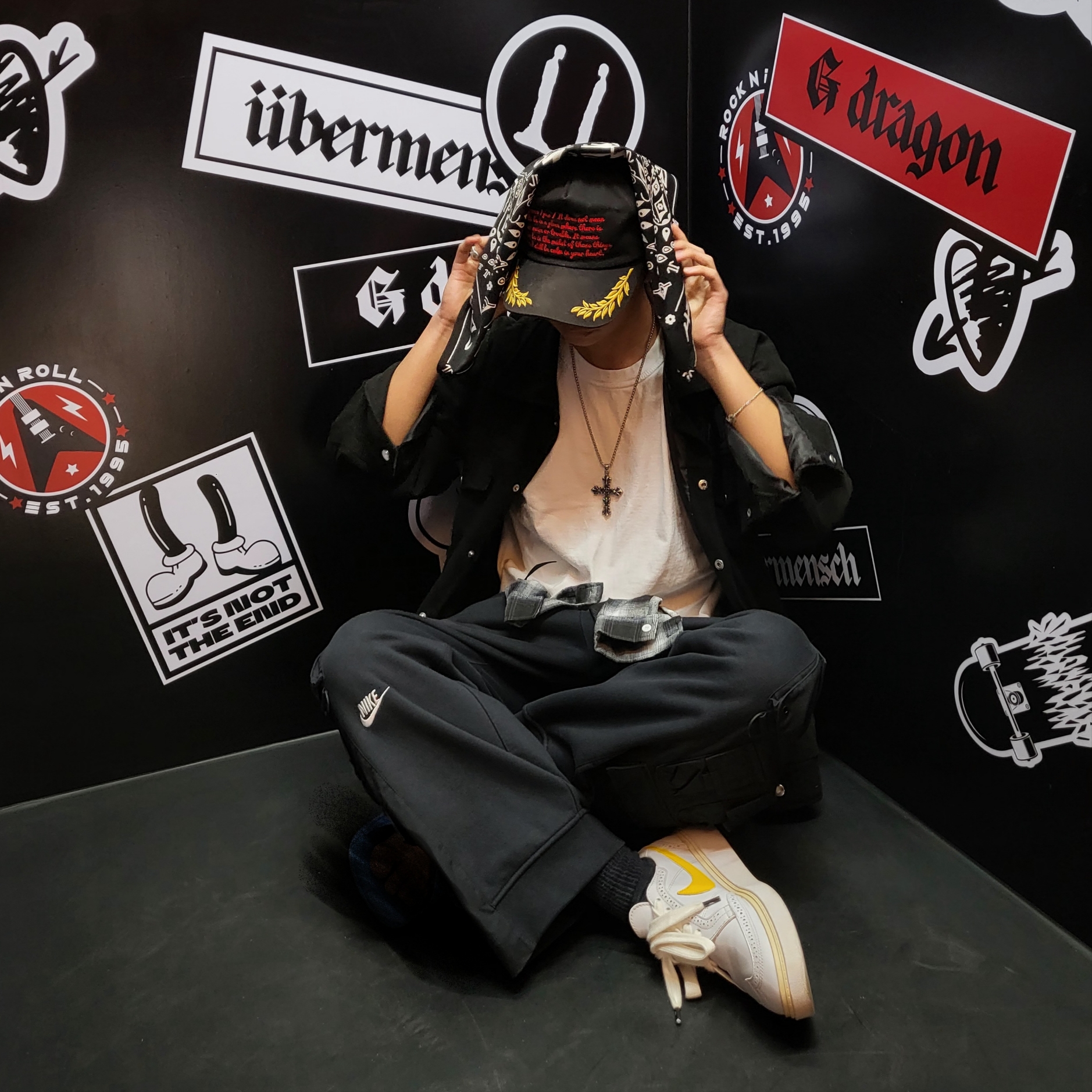 Nike x Peaceminusone Kwondo1 White, Nike x Peaceminusone Wide Pants Black (DR0096-010) 착용 스타일 - 1
