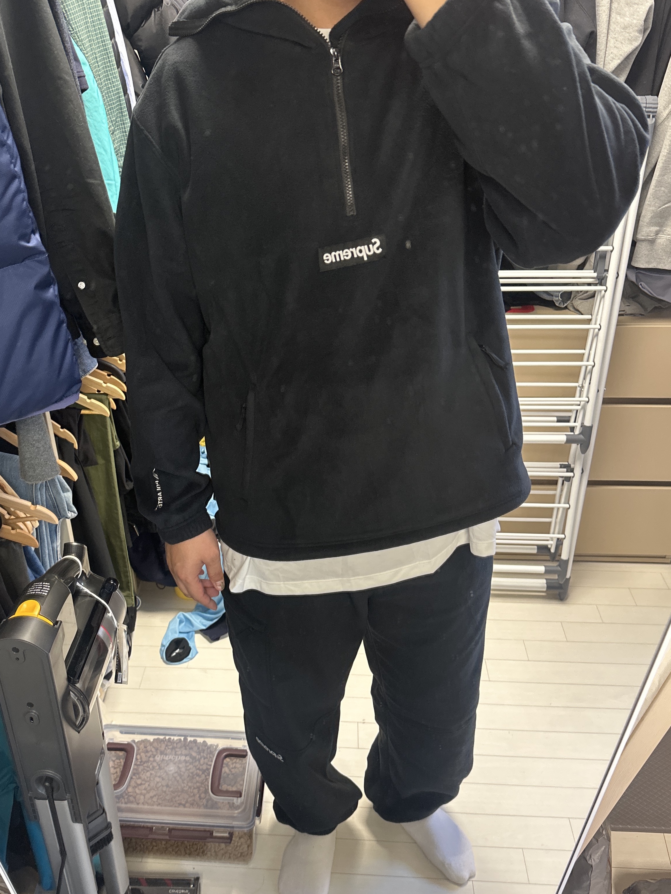 Supreme Polartec Facemask Half Zip Hooded Sweatshirt Black - 24FW, Supreme Polartec Pant Black - 24FW 착용 스타일