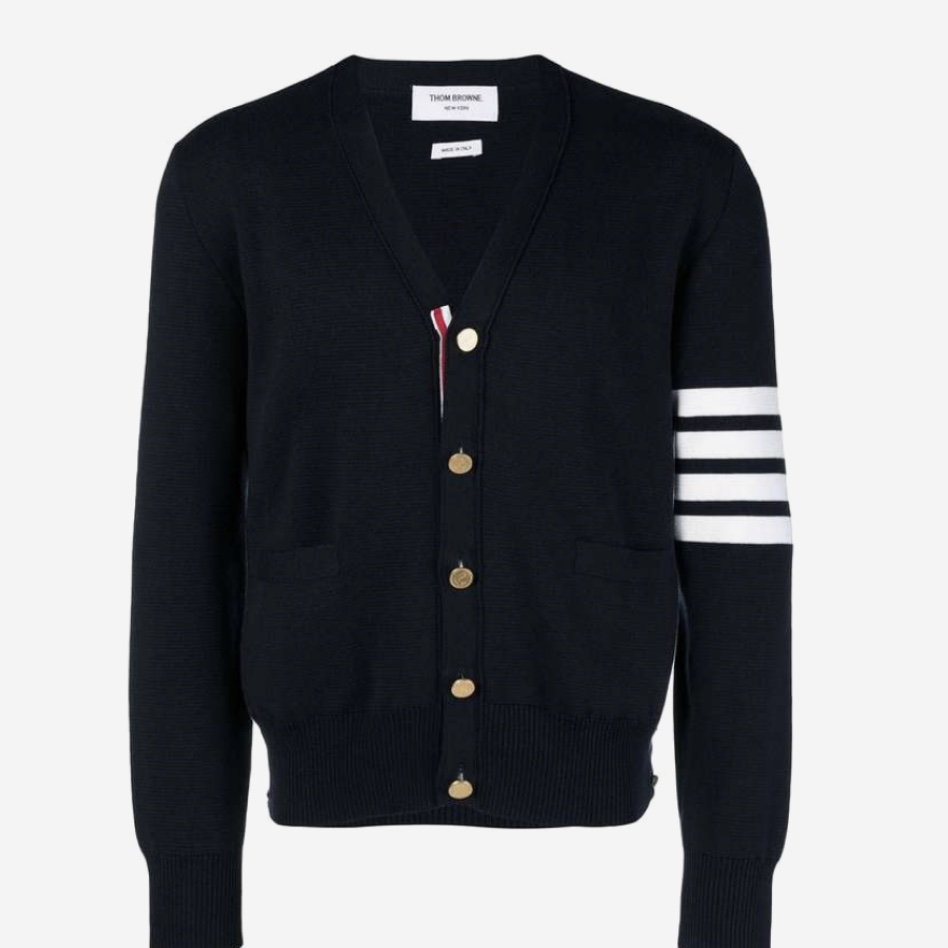 Thom Browne Sustainable Fine Merino Wool 4-Bar Classic Cardigan Navy 착용 스타일