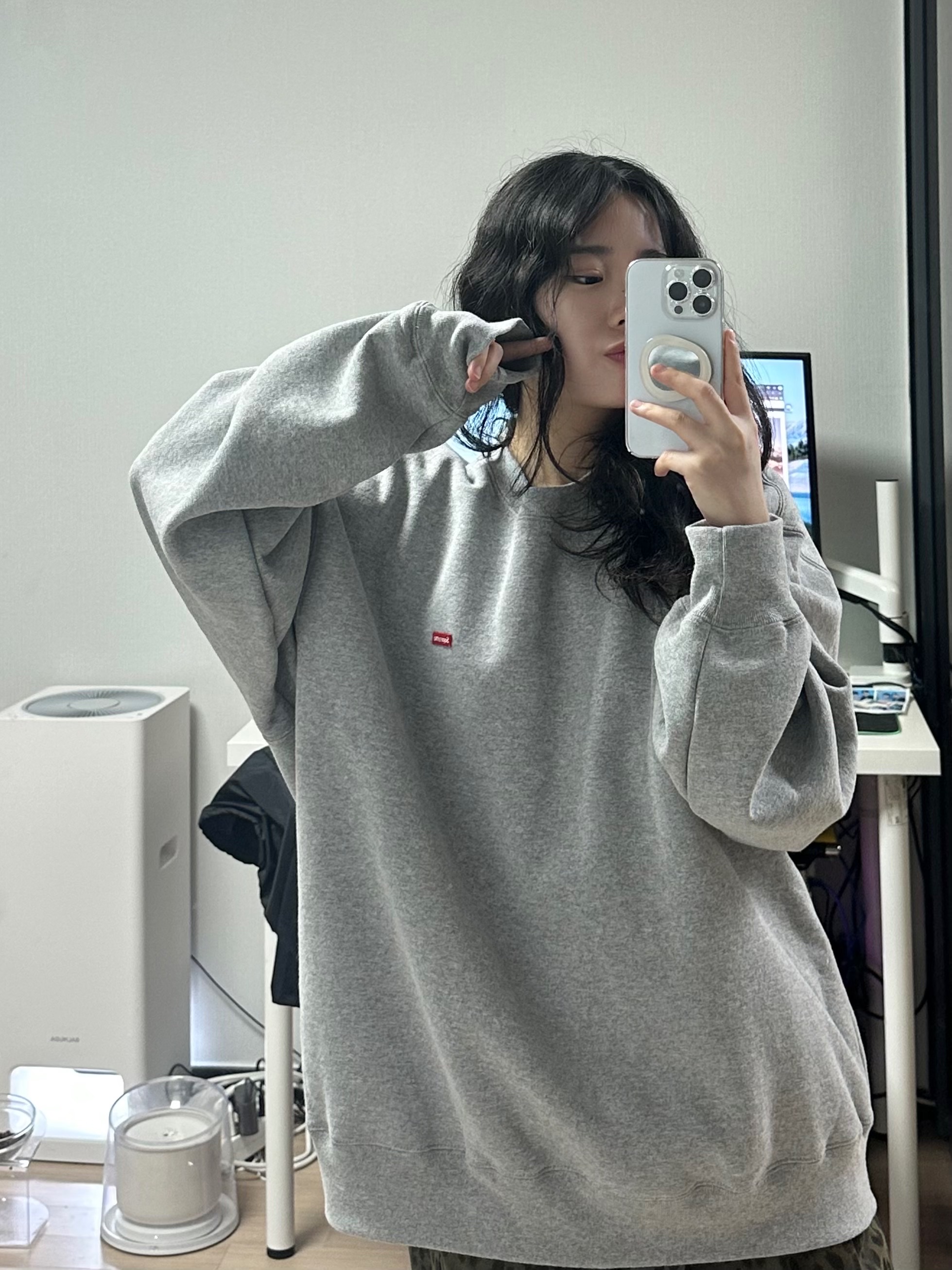 Supreme Small Box Crewneck Heather Grey - 24FW, ersco Leopard Baggy Trousers Khaki 착용 스타일 - 2