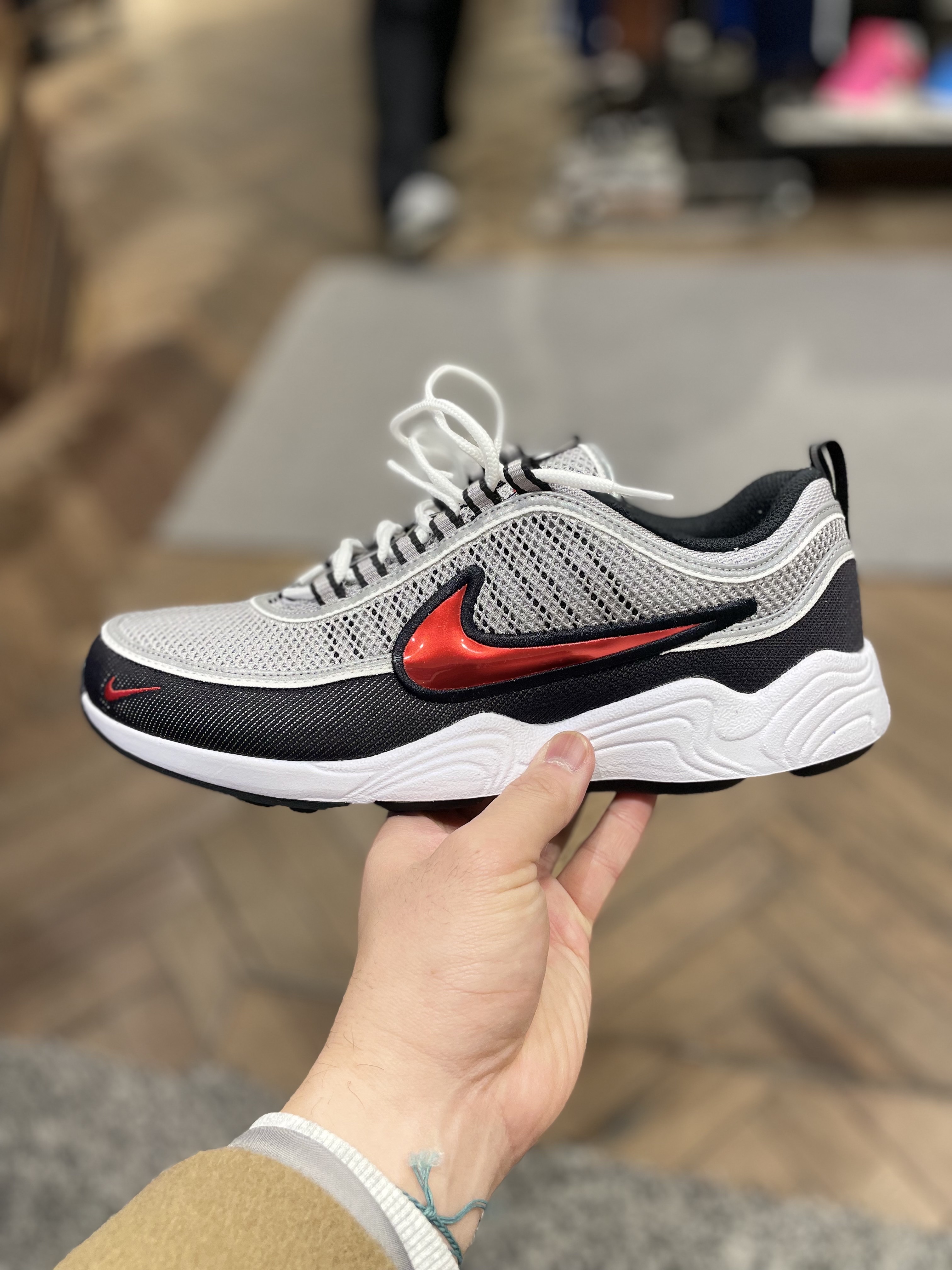 Nike Air Zoom Spiridon Metallic Silver and Sport Red 2024 착용 스타일