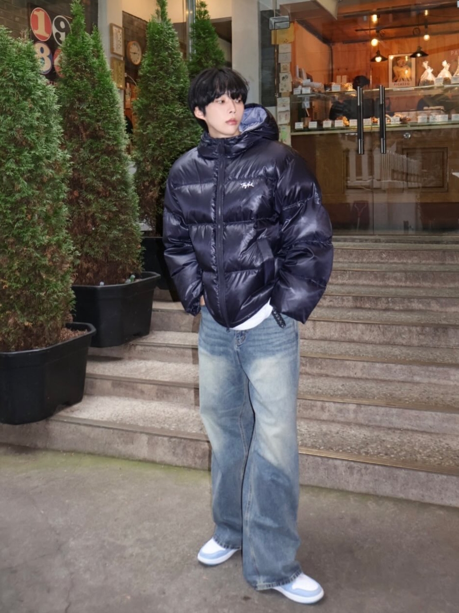 TONY HAWK Balboa Ripstop Hooded Down Short Puffer Navy 착용 스타일 - 1