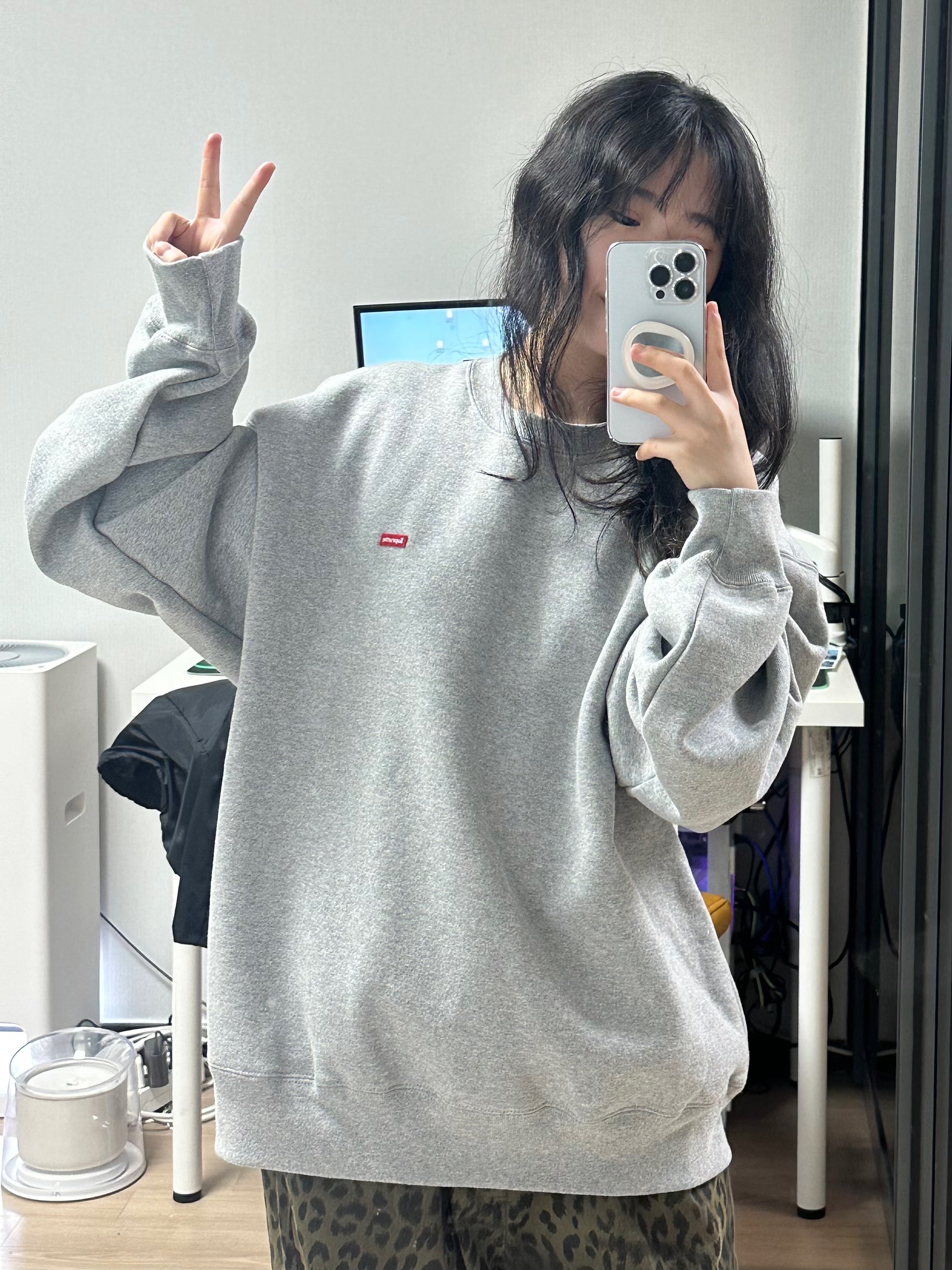 Supreme Small Box Crewneck Heather Grey - 24FW, ersco Leopard Baggy Trousers Khaki 착용 스타일 - 3