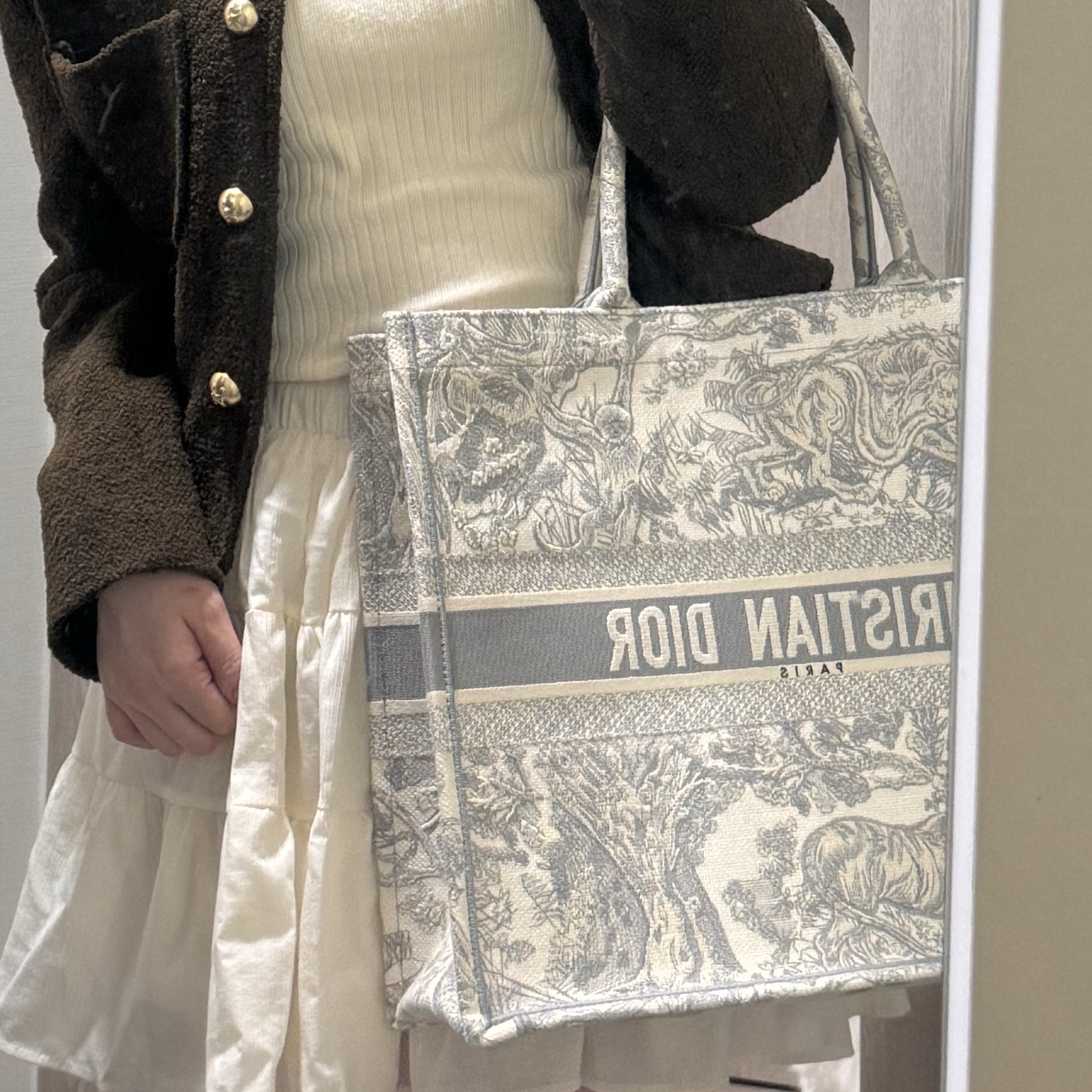 Dior Medium Book Tote Gray Toile de Jouy Embroidery 착용 스타일 - 4
