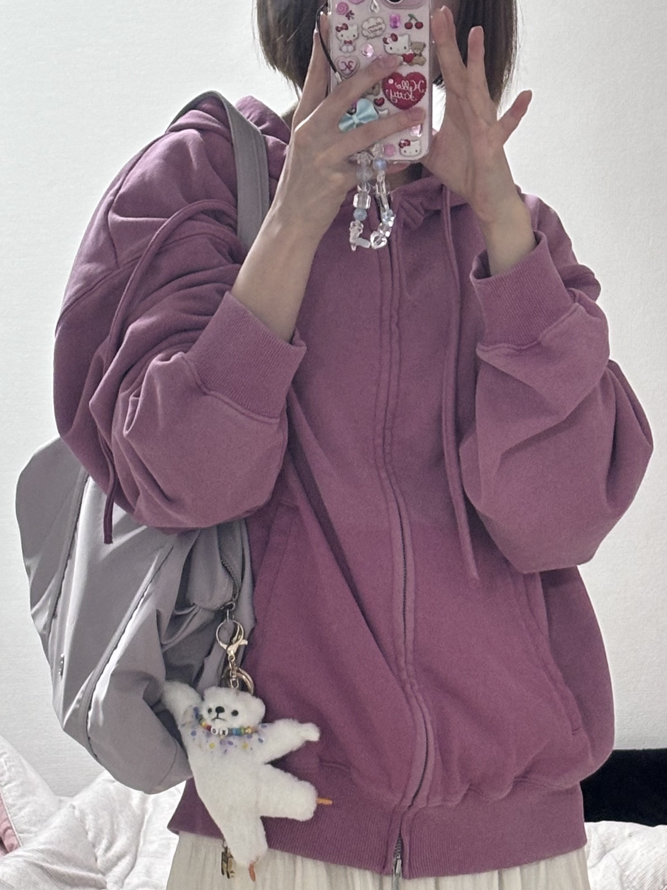 (W) Matin Kim Pigment Dying Logo Hoody Zip Up Pink 착용 스타일 - 1