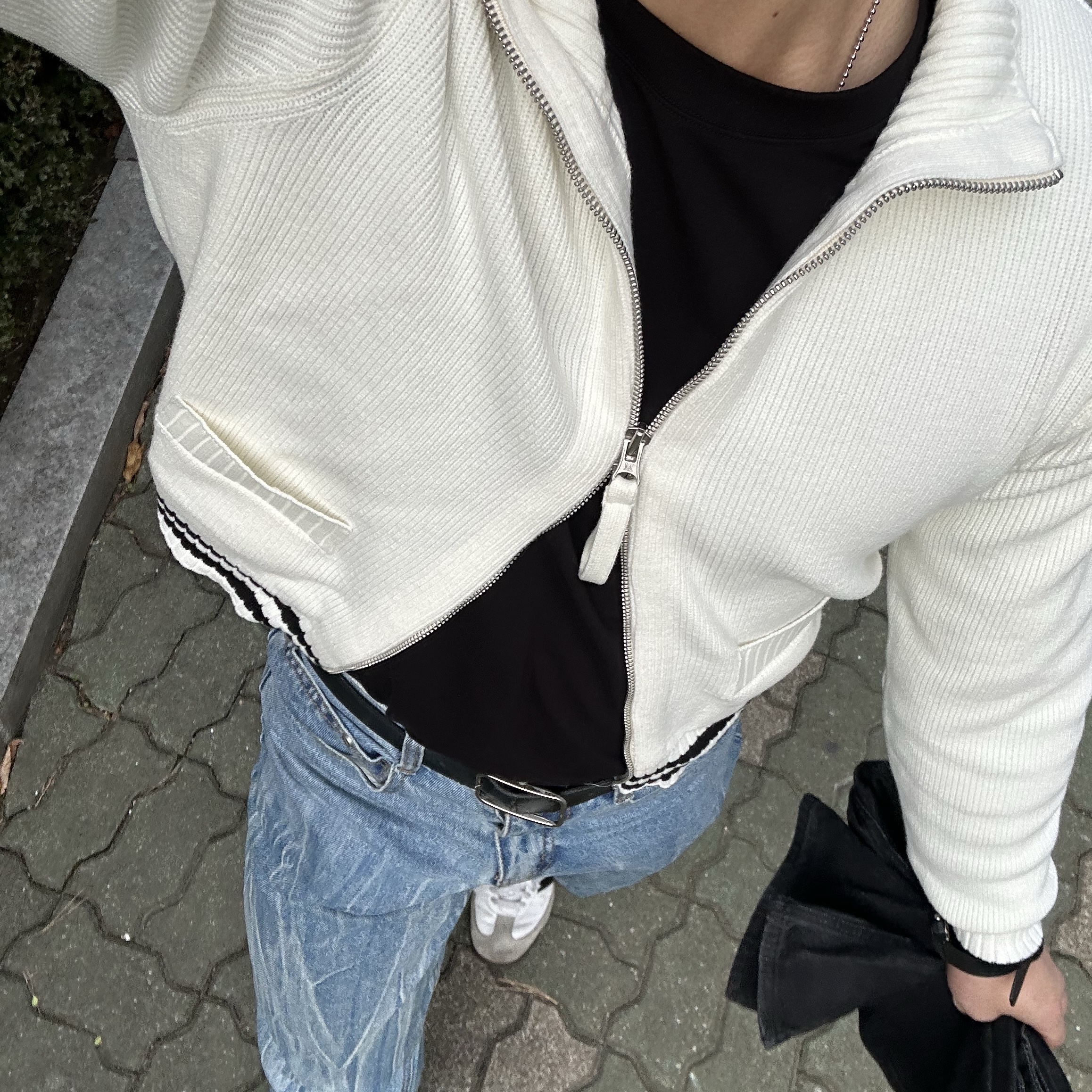 Matin Kim Spell Point Stripe Knit Cardigan Ivory 착용 스타일