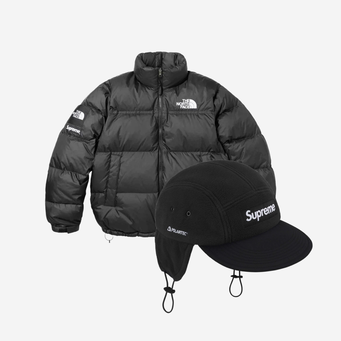슈프림 x 노스페이스 스플릿 눕시 자켓 블랙 & 슈프림 폴라텍 이어플랩 캠프캡 블랙(Supreme x The North Face Nuptse Jacket & Supreme Earflap Set) - 1