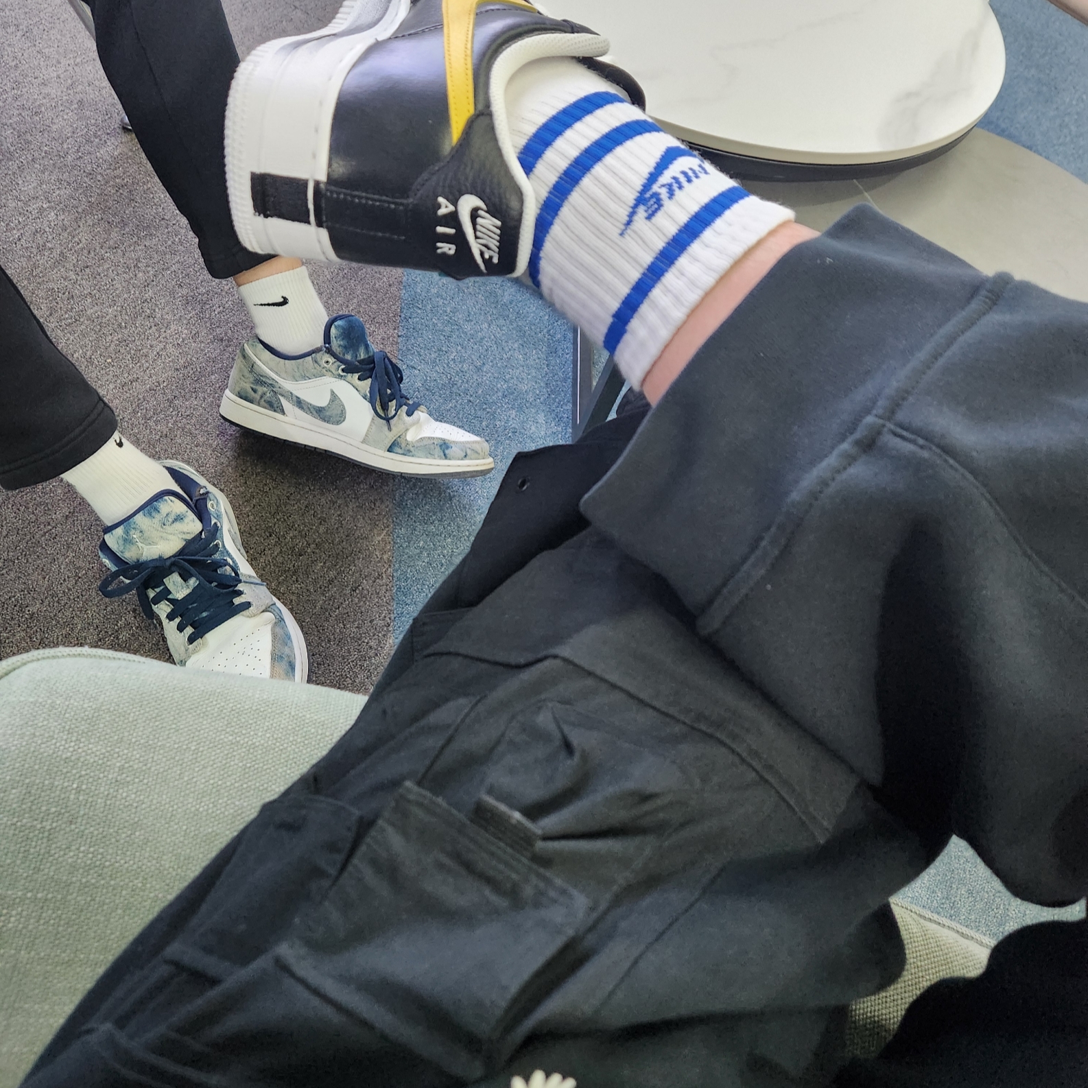 Jordan 1 Low SE Washed Denim, Nike x Peaceminusone Wide Pants Black (DR0095-010) 착용 스타일