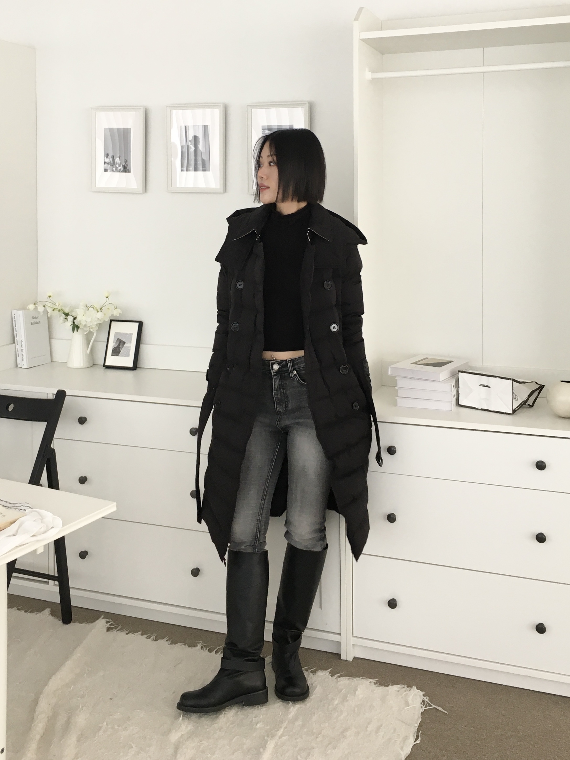 (W) Burberry Arniston Long Padded Jacket Black 착용 스타일