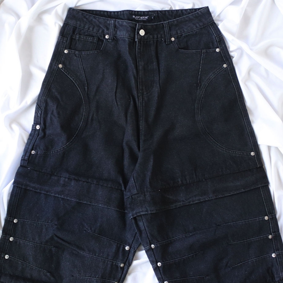 Flavorism Double Layered Wide Denim Pants Black 착용 스타일 - 2