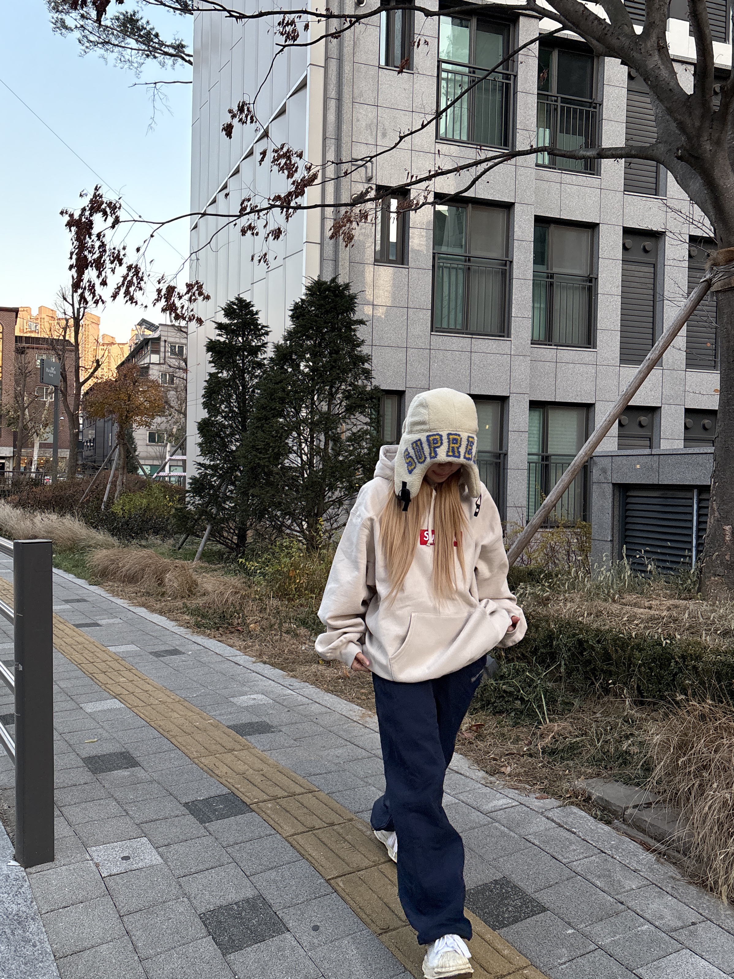 Supreme Box Logo Hooded Sweatshirt Stone - 24FW, Supreme Shearling Trooper Natural - 23FW 착용 스타일 - 3