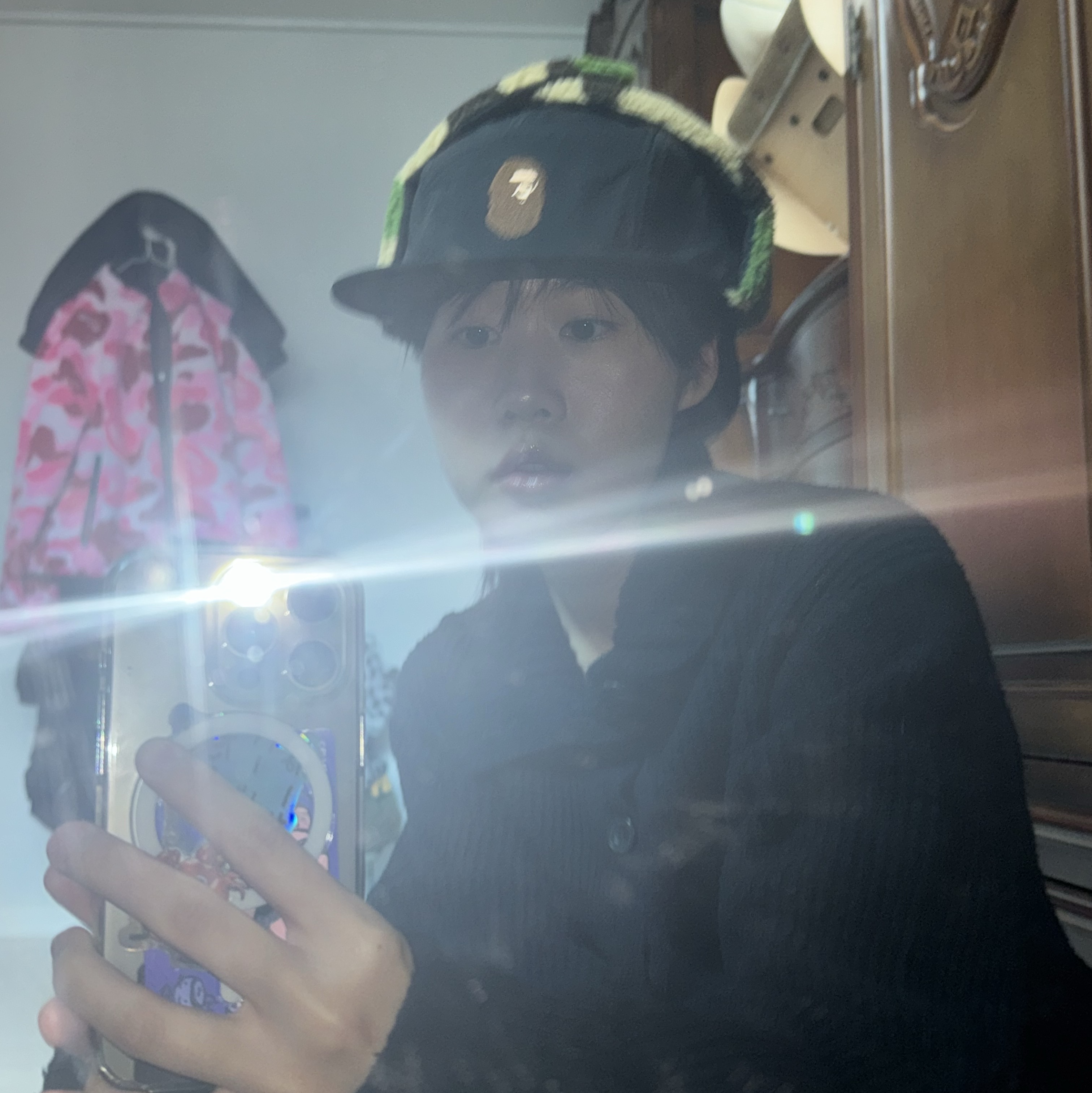BAPE ABC Camo Puffy Flight Cap Black 착용 스타일