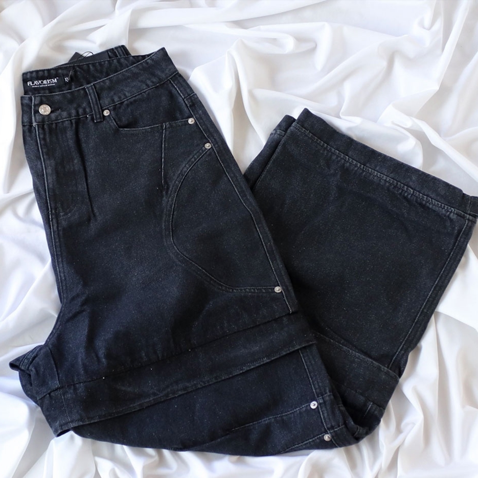 Flavorism Double Layered Wide Denim Pants Black 착용 스타일 - 1