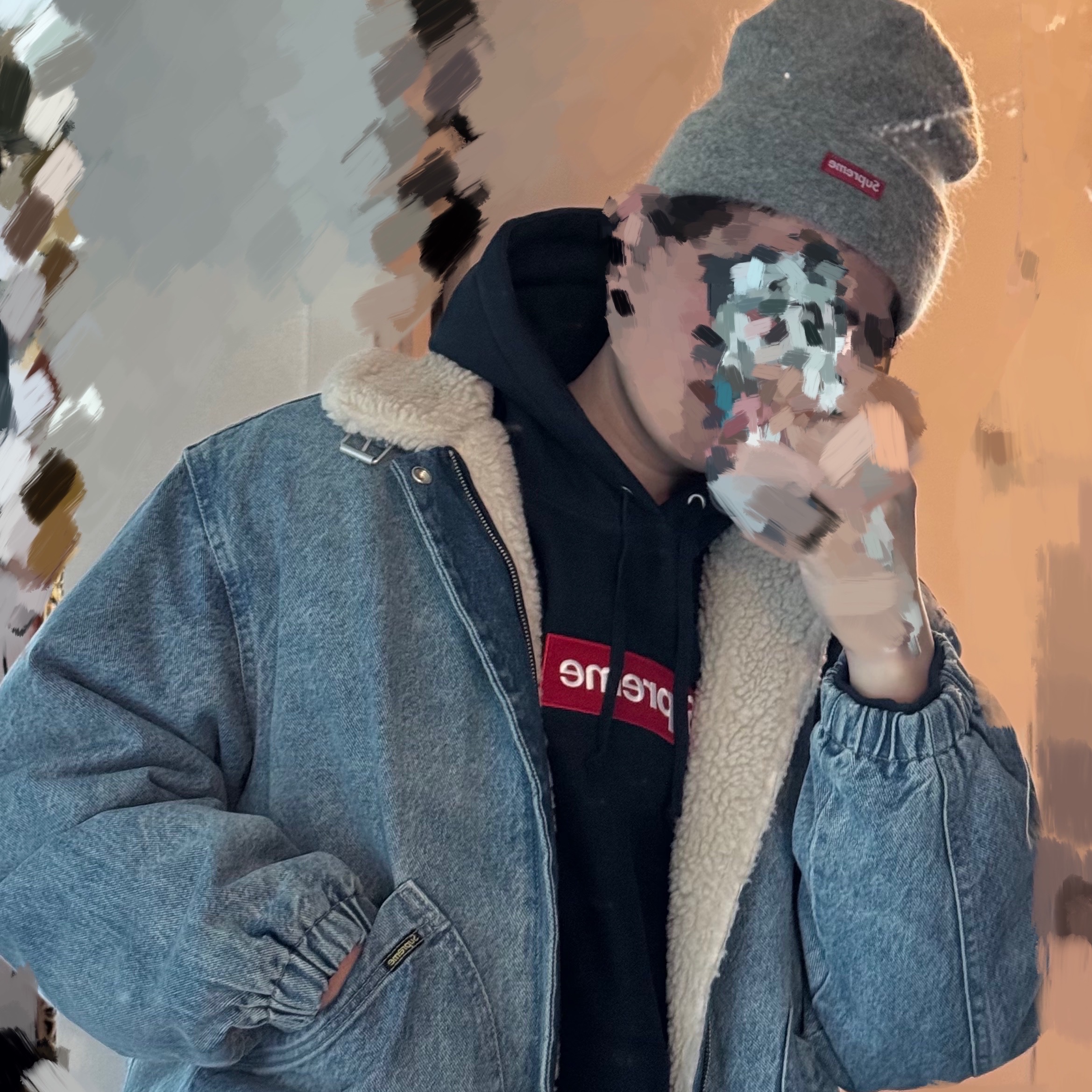 Supreme Faux Shearling Lined Bomber Jacket Denim - 24FW, Supreme Box Logo Hooded Sweatshirt Navy - 24FW 착용 스타일