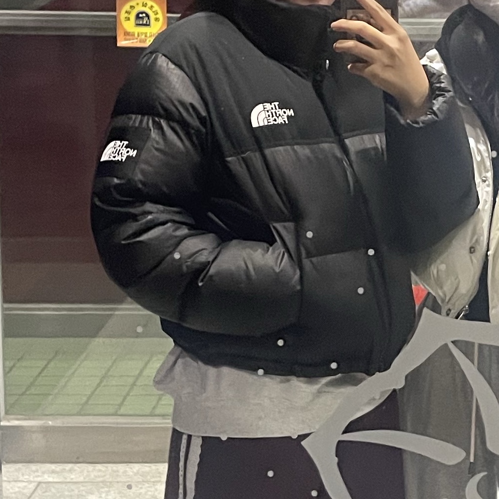 (W) The North Face White Label Novelty Nuptse Down Jacket Black 착용 스타일