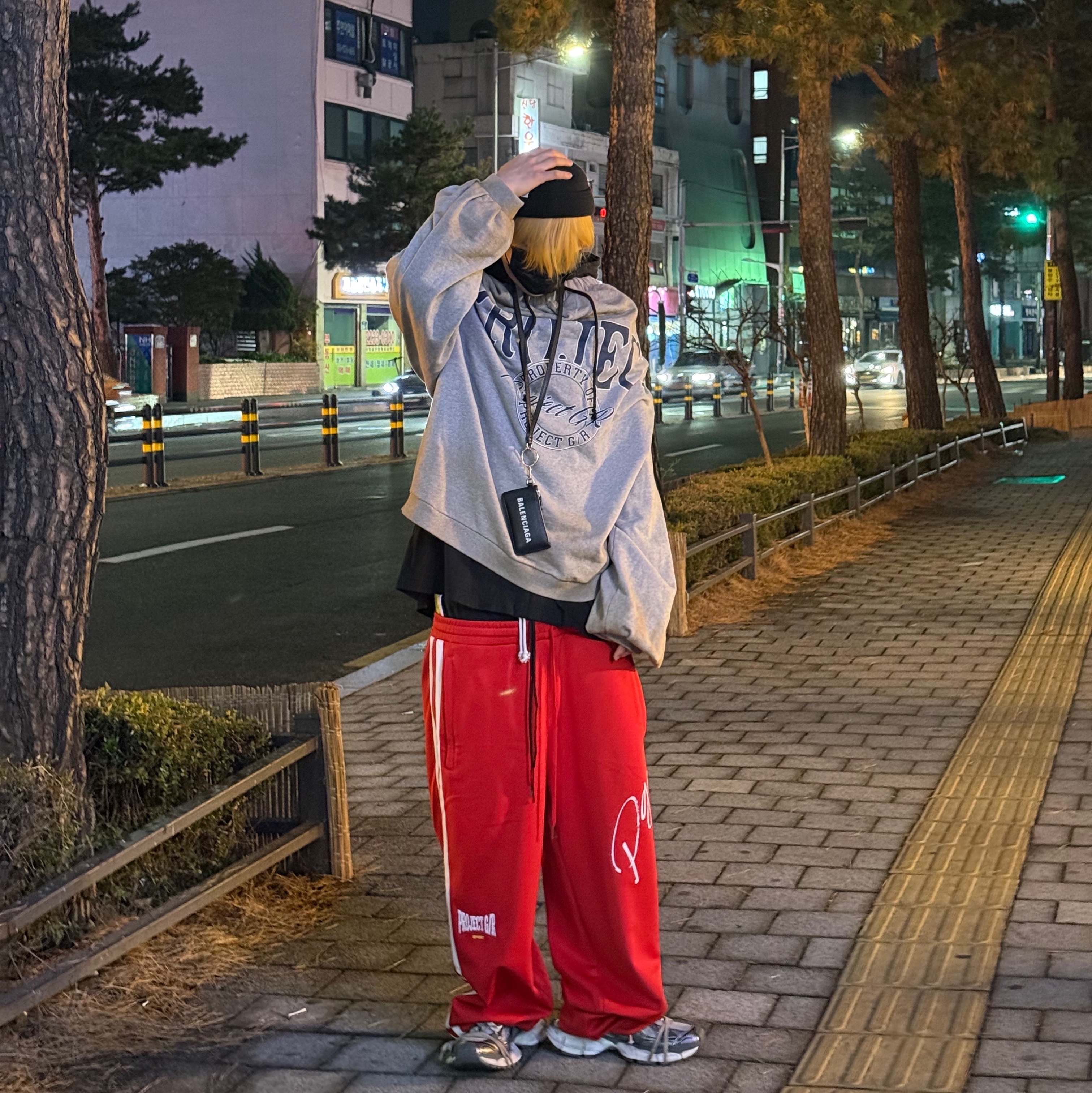 Project G/R Sweatshirt Sweatpants Melange Grey, Project G/R 3 Layered Track Pants Red 착용 스타일 - 1