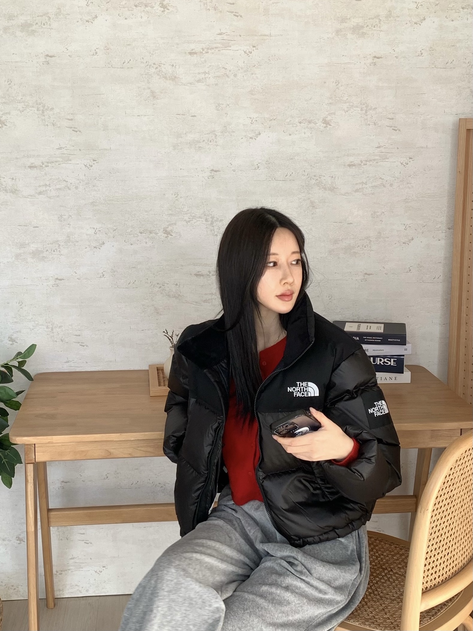 (W) The North Face White Label Novelty Nuptse Down Jacket Black 착용 스타일
