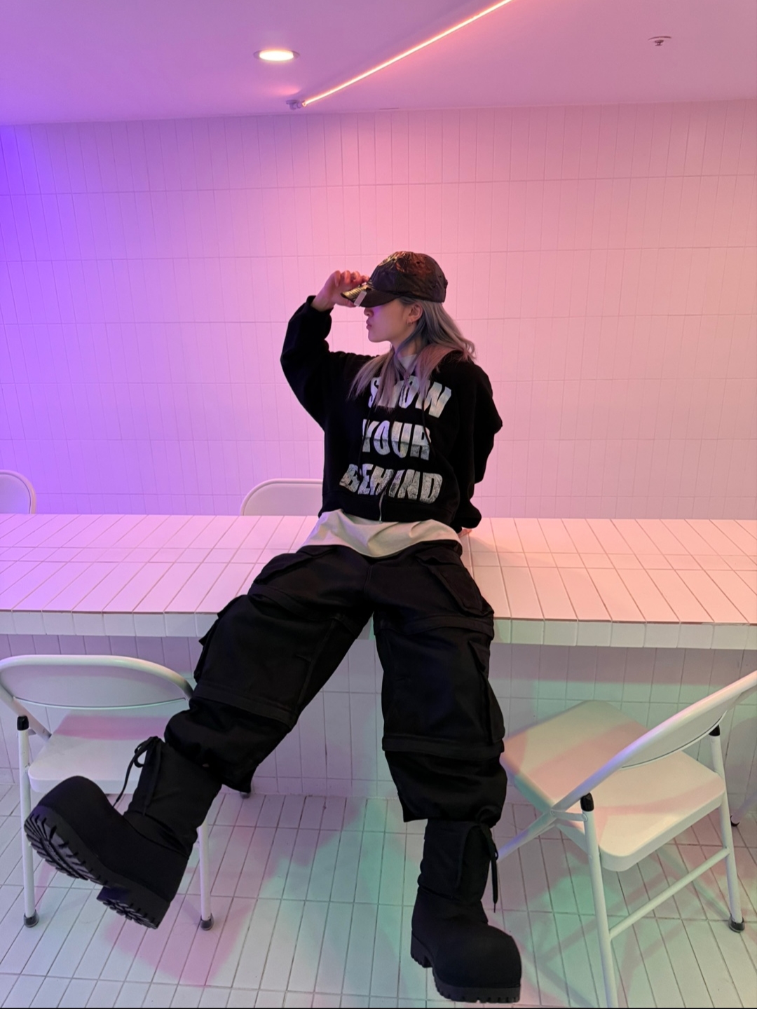 Project G/R Giant Zip Hoodie Black, Project G/R Money Clip Coated Cap Black 착용 스타일 - 1