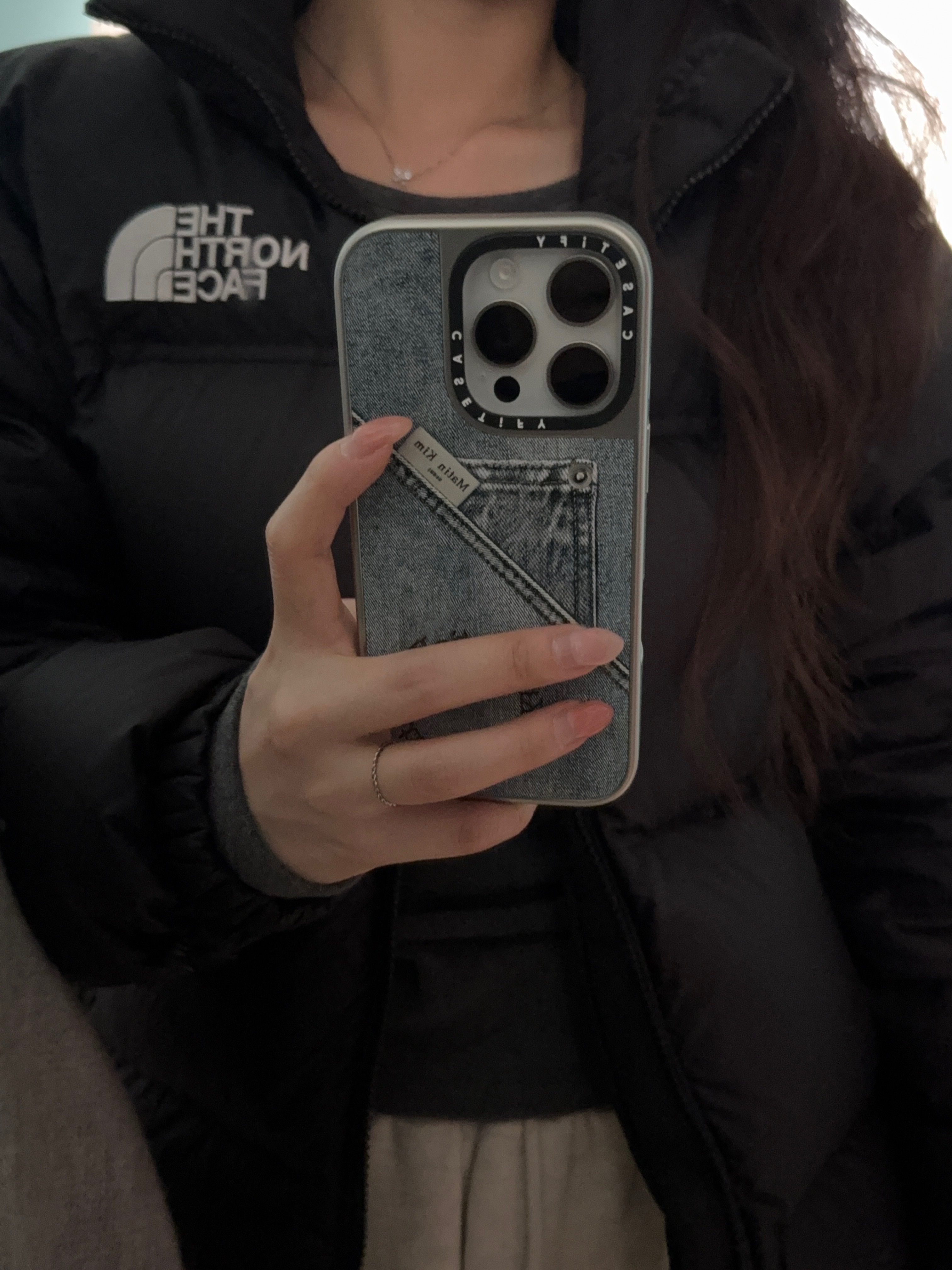 The North Face 1996 Eco Nuptse Jacket Black, Casetify x Matin Kim iPhone Denim Pocket Magsafe Mirror Case Silver 착용 스타일