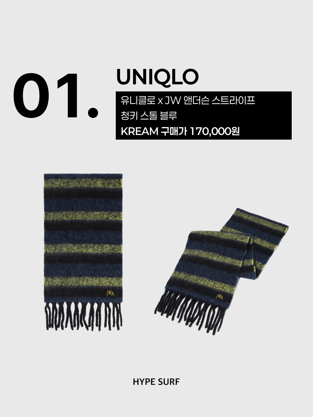 Uniqlo x JW Anderson Striped Chunky Scarf Blue, Uniqlo Multi Pocket Shoulder Bag Black 착용 스타일 - 2