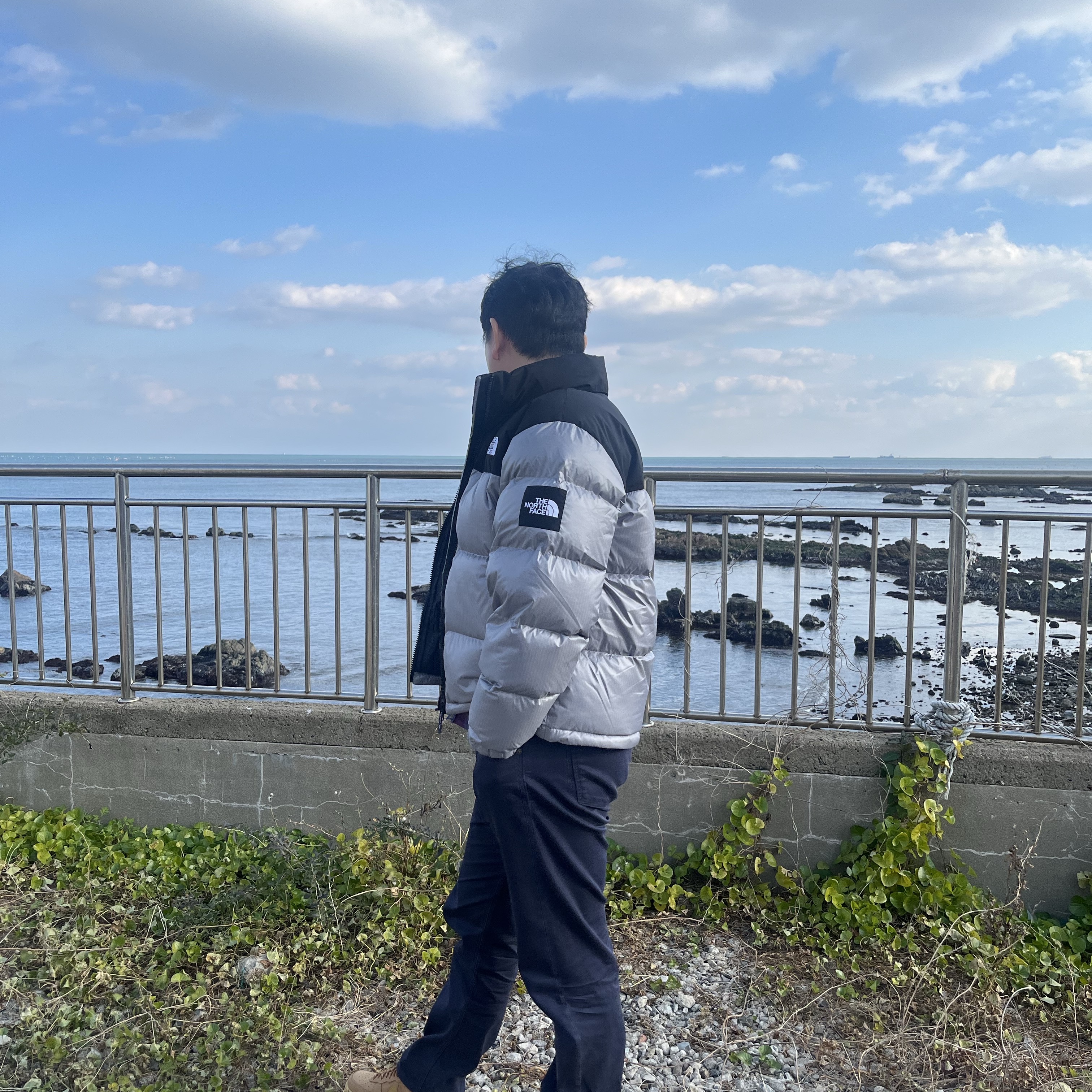 The North Face White Label Novelty Nuptse Down Jacket Heather Gray 착용 스타일