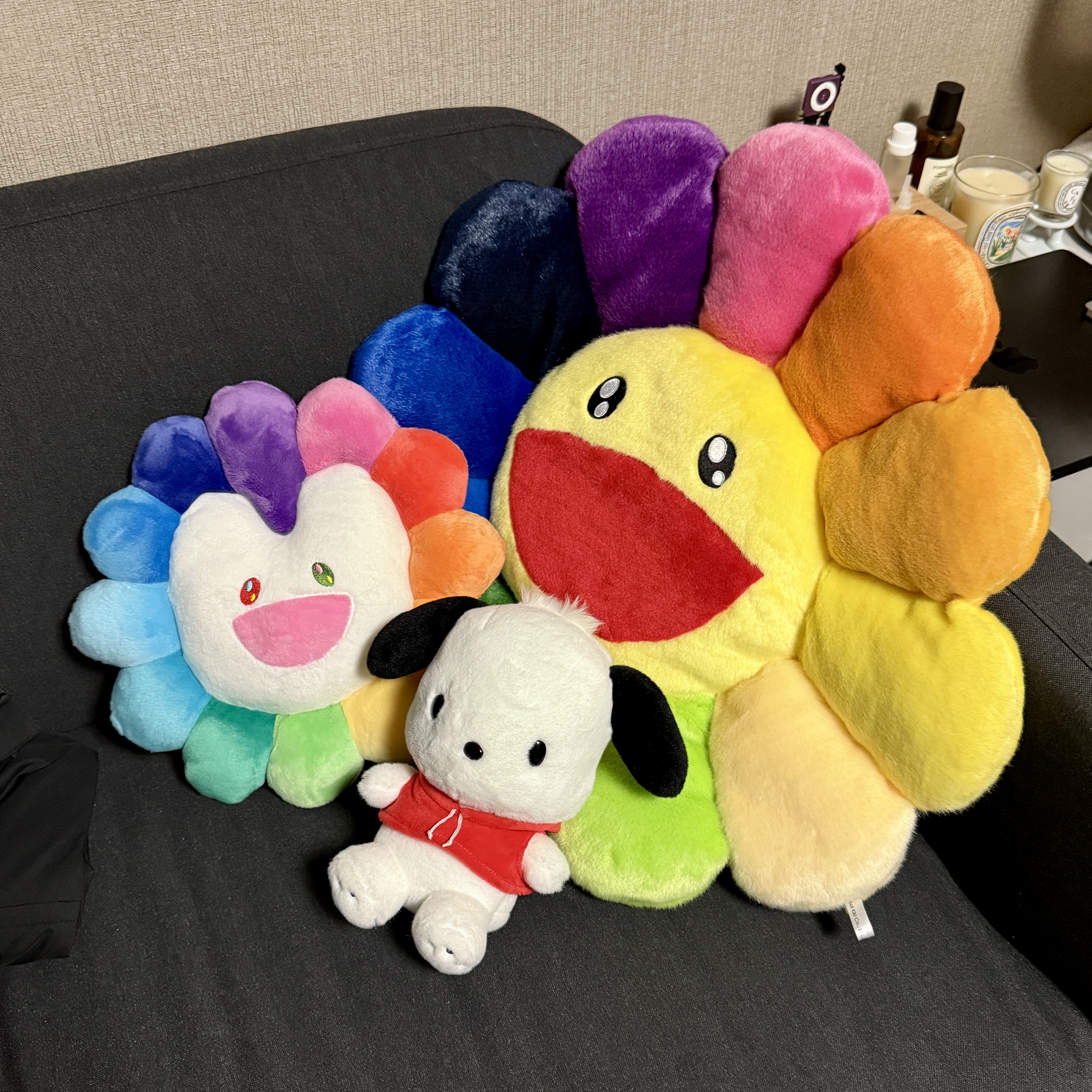 Kaikai Kiki Flower Cushion 60cm Rainbow, NewJeans x Murakami Cushion 30cm 착용 스타일