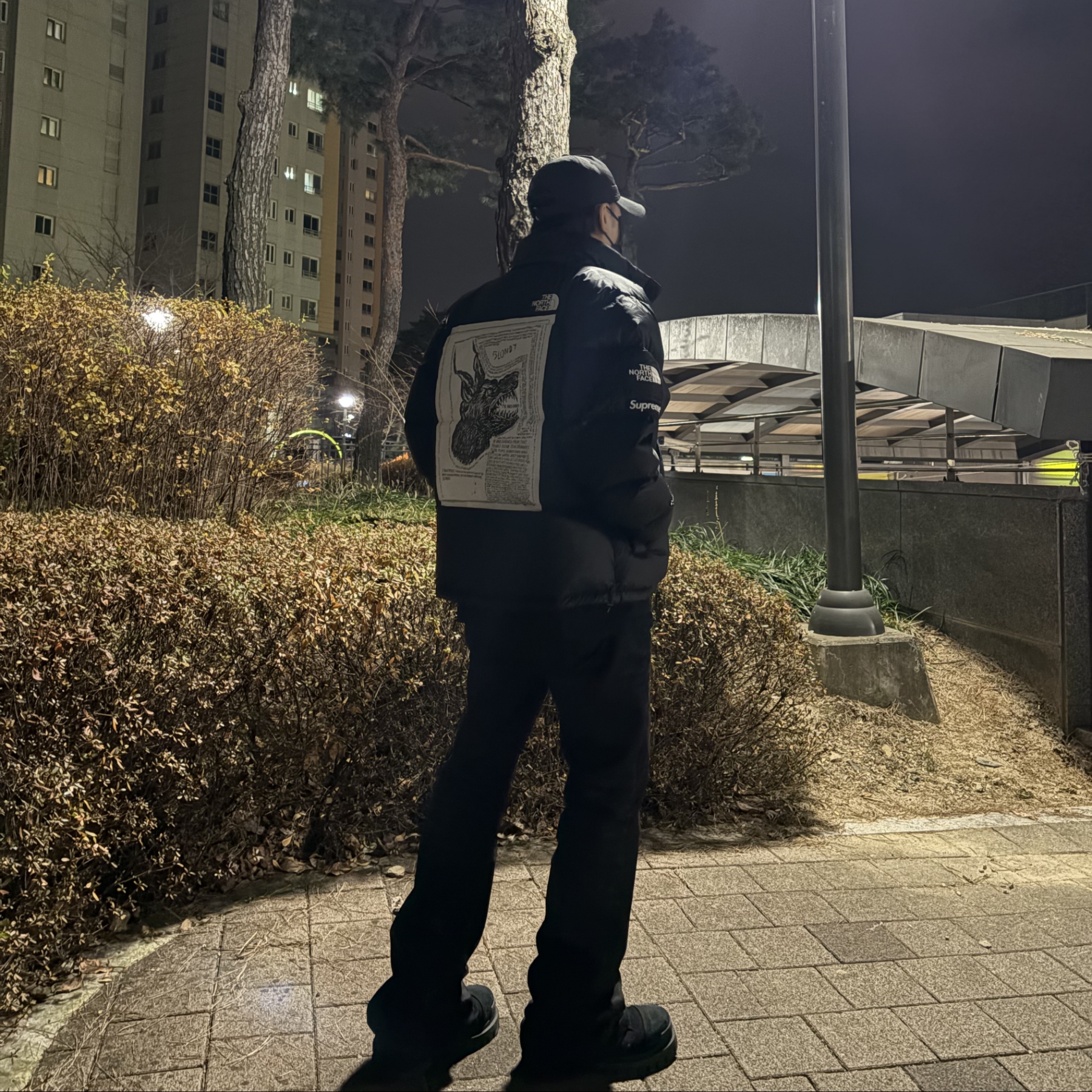 Supreme x The North Face Nuptse Jacket Black - 24FW, Undermycar Ring Multi Rings Flared Coating Jeans Pavement - 23FW 착용 스타일 - 2