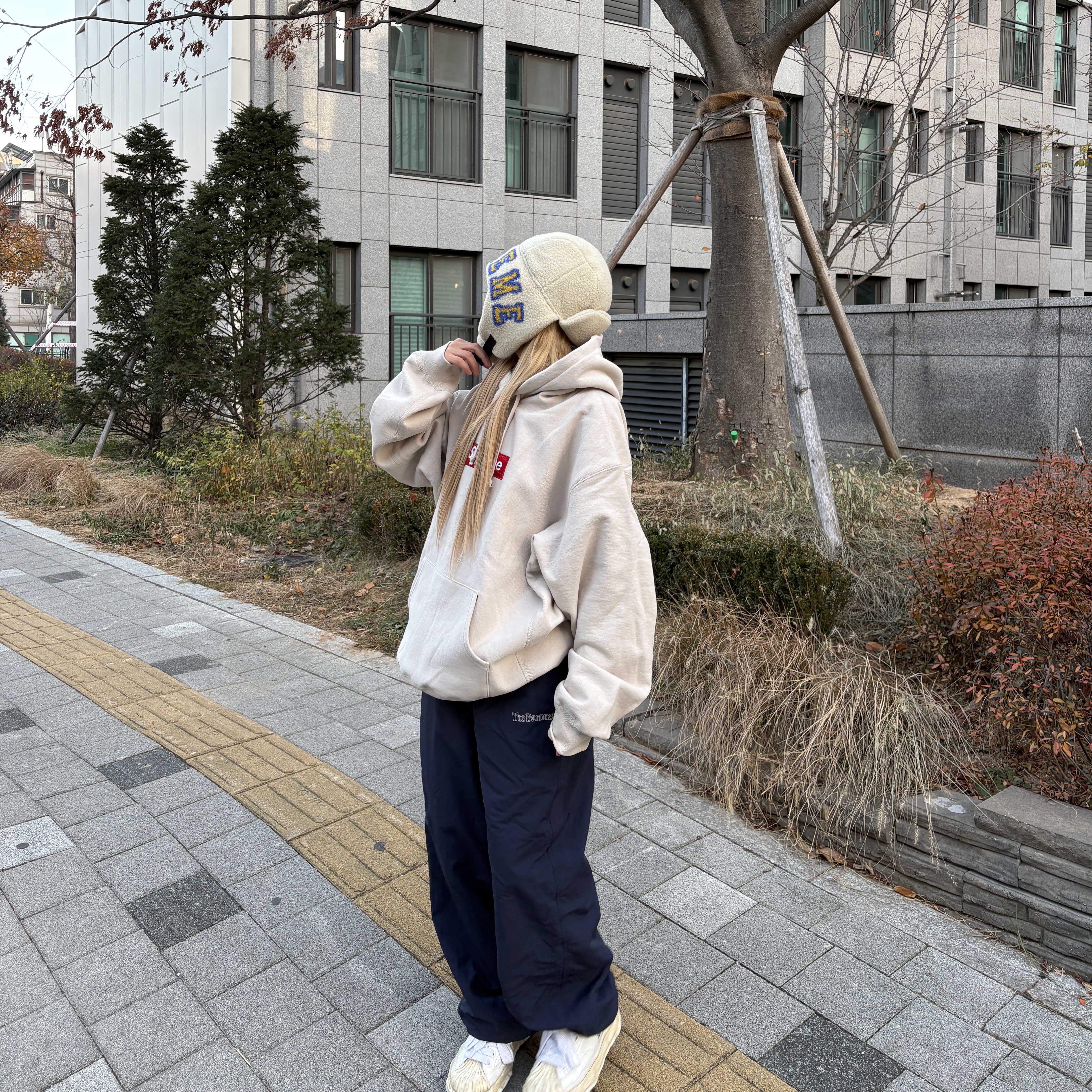 Supreme Box Logo Hooded Sweatshirt Stone - 24FW 착용 스타일