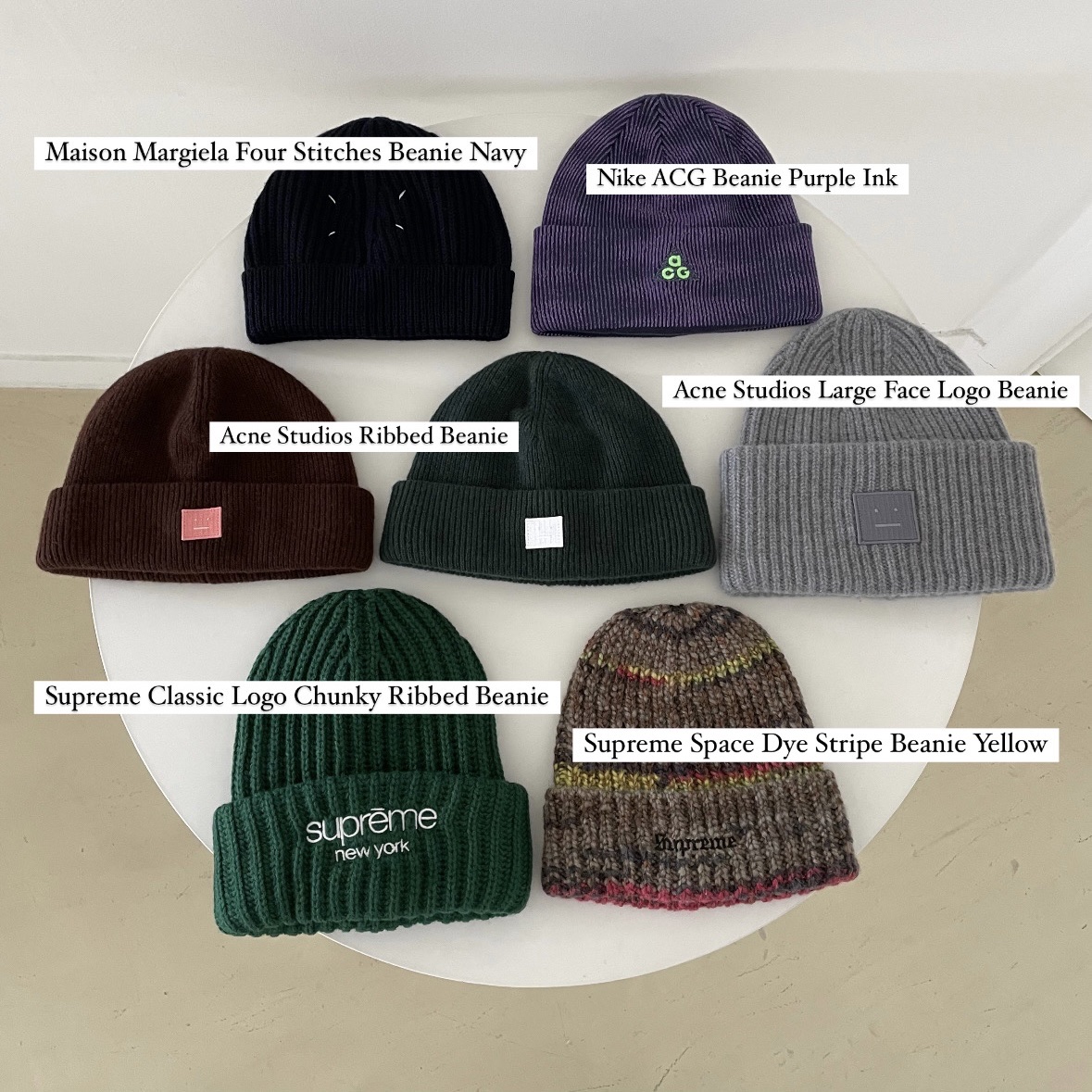 Maison Margiela Four Stitches Beanie Navy, Supreme Space Dye Stripe Beanie Yellow - 24FW 착용 스타일 - 2