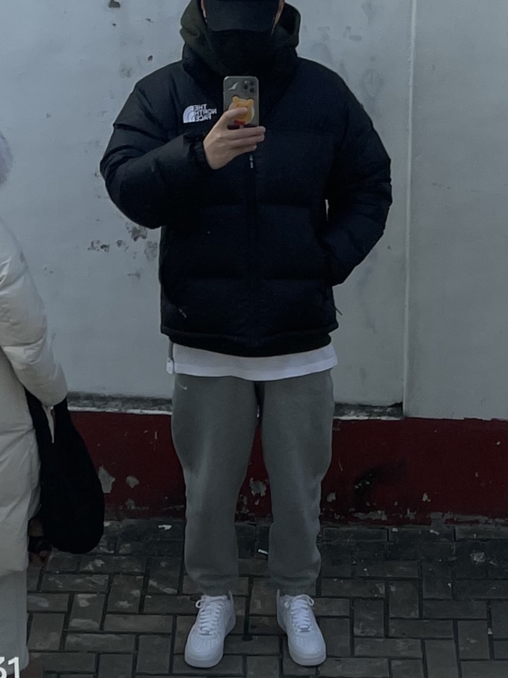 The North Face 1996 Eco Nuptse Jacket Black, Nike NRG Solo Swoosh Fleece Pants Dark Grey Heather - Asia 착용 스타일 - 1