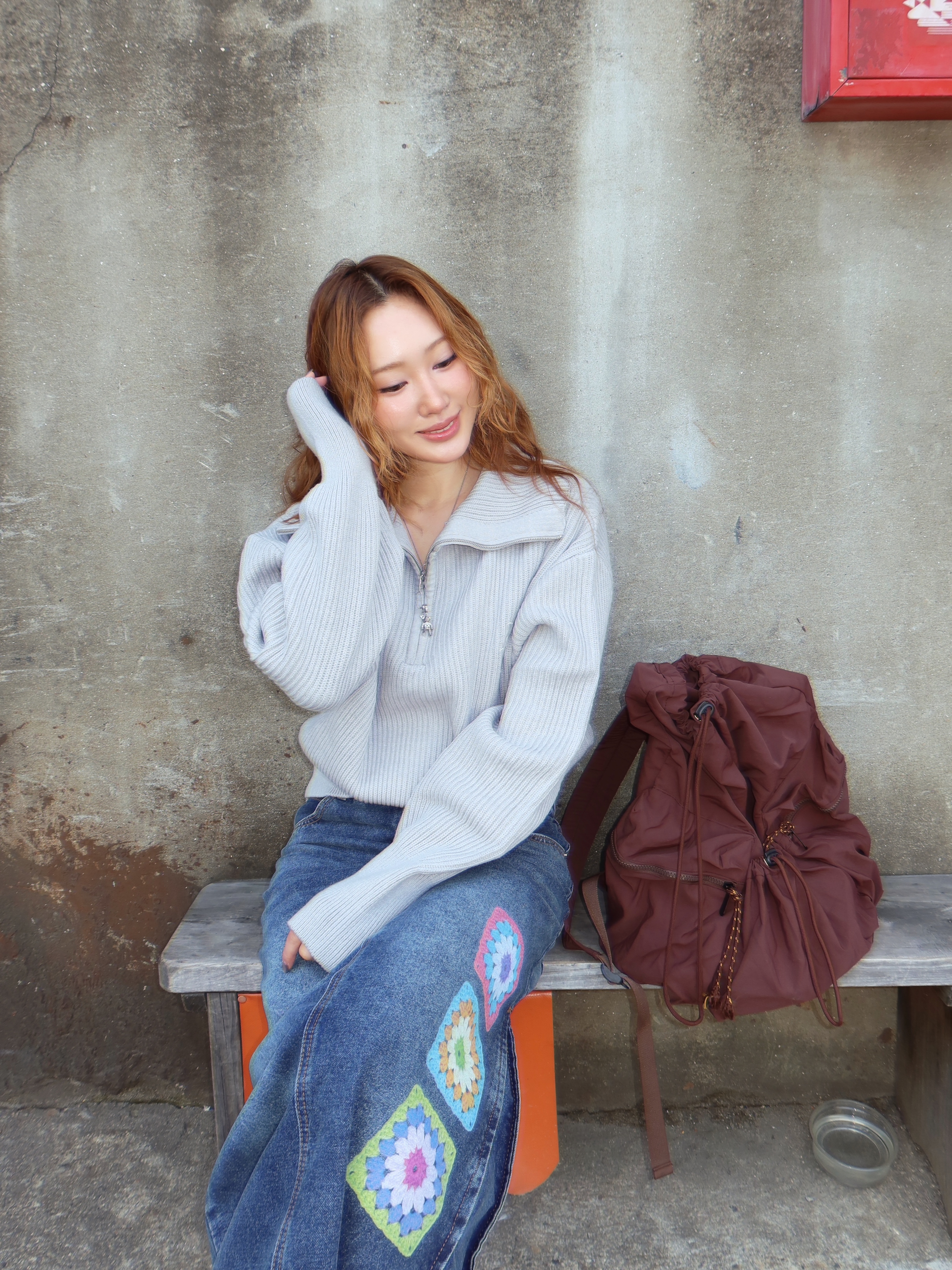 ROCCI ROCCI RCC Knit Half Zipup Grey, ROCCI ROCCI X GRAFIKUS Crochet Denim Long Skirt Middle Blue 착용 스타일 - 5