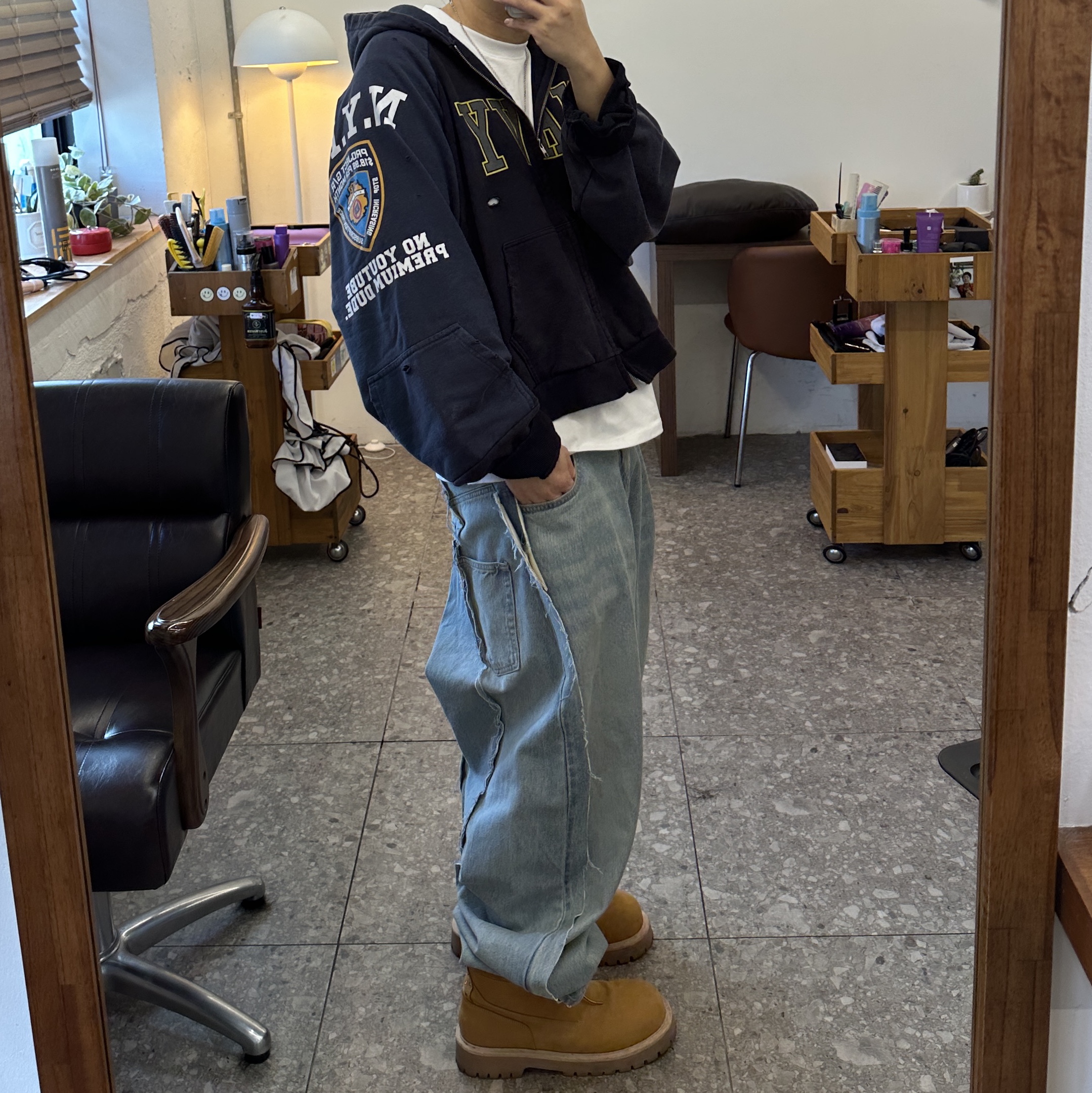 Project G/R Reconstructed Folded Zip Hoodie Navy, Project G/R Upcyling Denim Pants Blue 착용 스타일