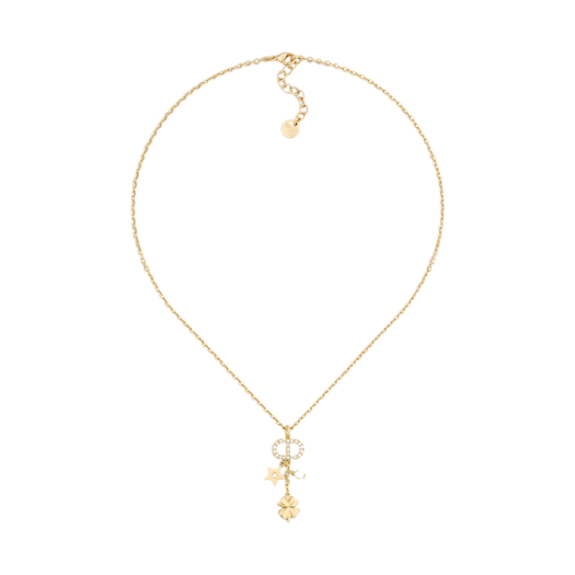 (W) Dior Petit CD Lucky Charms Necklace Gold Finish Metal White Resin Pearl Silver Tone Crystals