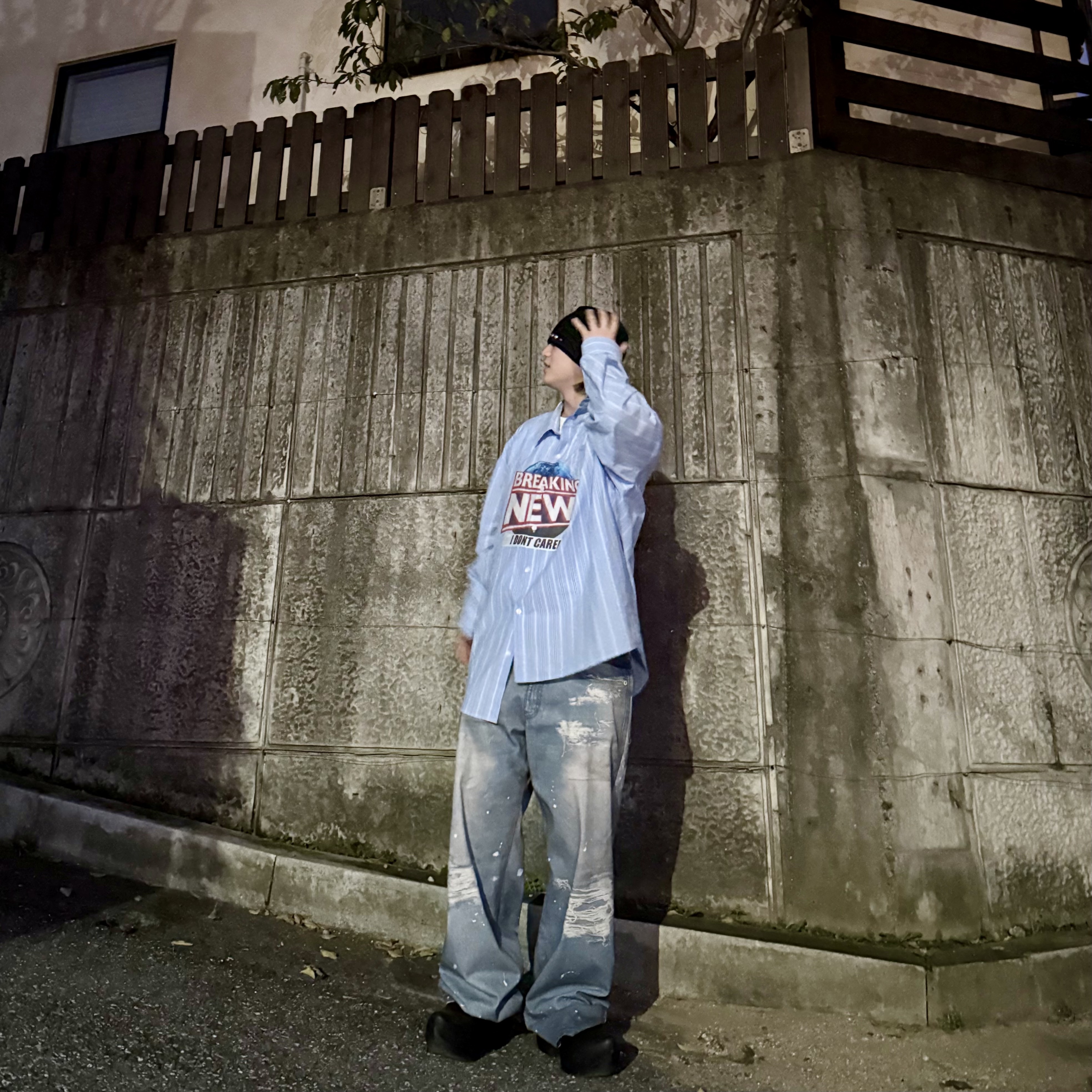 Project G/R Unbalanced Stripe Shirt Sky Blue, Project G/R Trompe-L’Oeil Denim Printed Pants Blue 착용 스타일 - 2
