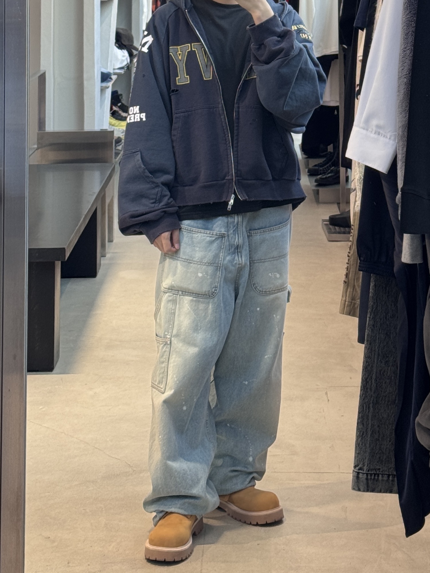 Project G/R Reconstructed Folded Zip Hoodie Navy, Project G/R Backward Carpenter Pants Blue 착용 스타일