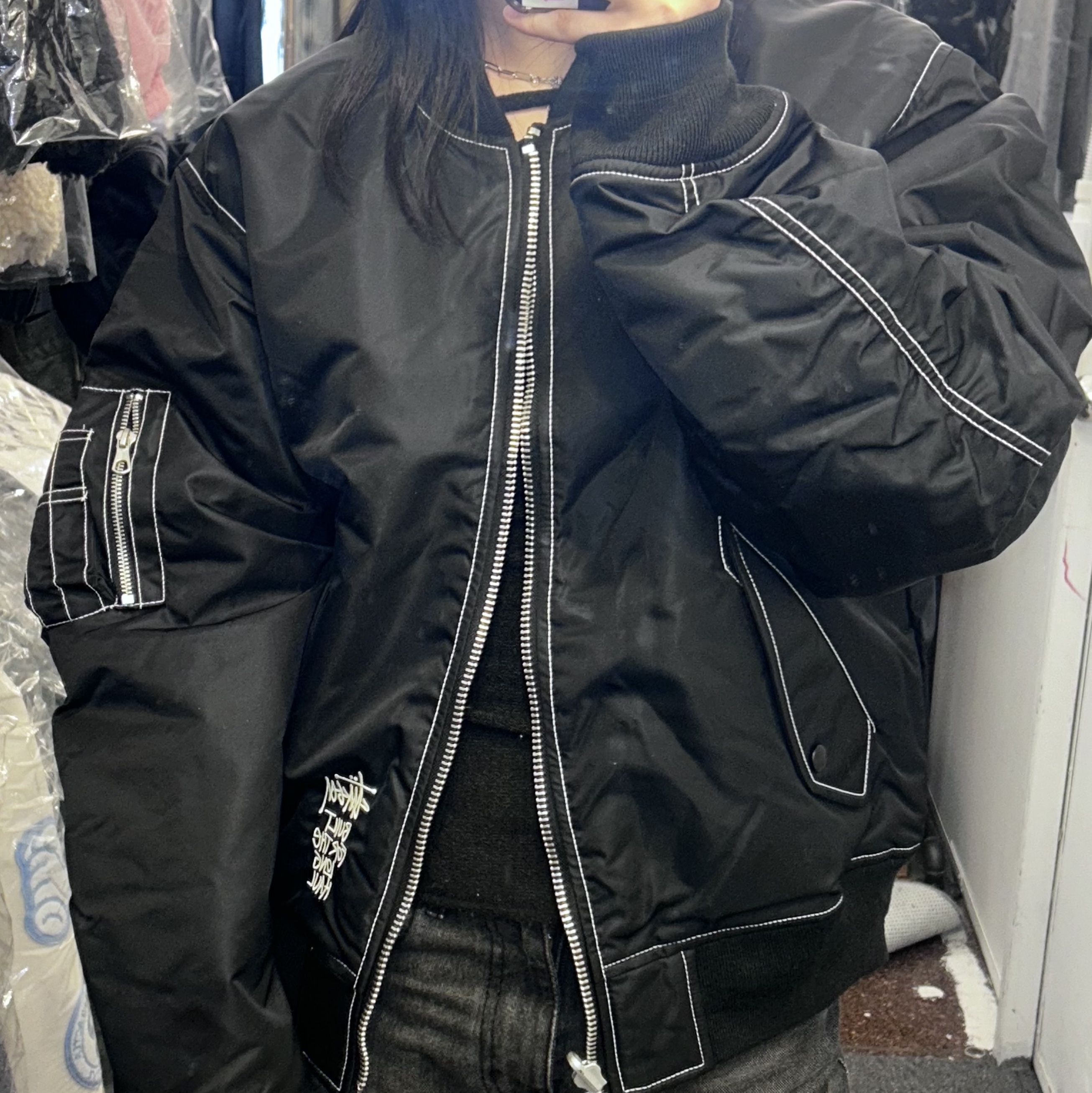 Stussy Textured Knit Contrast Collar Crew Grey Multi, Stussy Built Reversible Bomber Jacket Black 착용 스타일 - 2
